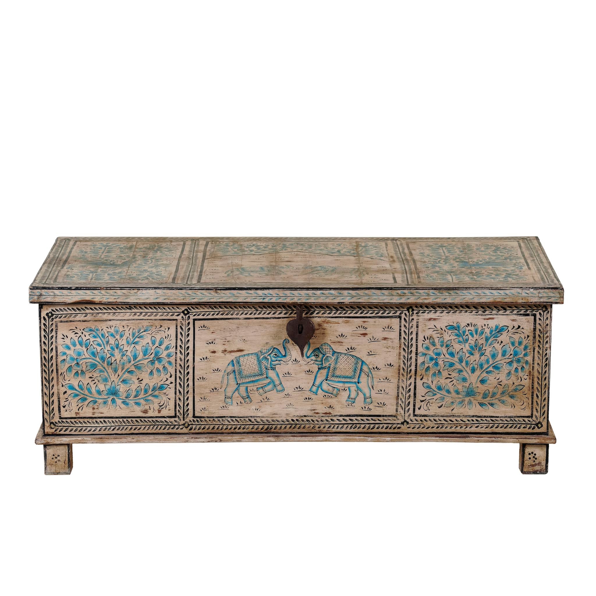White background image of a hand-painted reclaimed teak wood chest with iron accents – teak wood chest and reclaimed wood furniture with bohemian artistic detail.