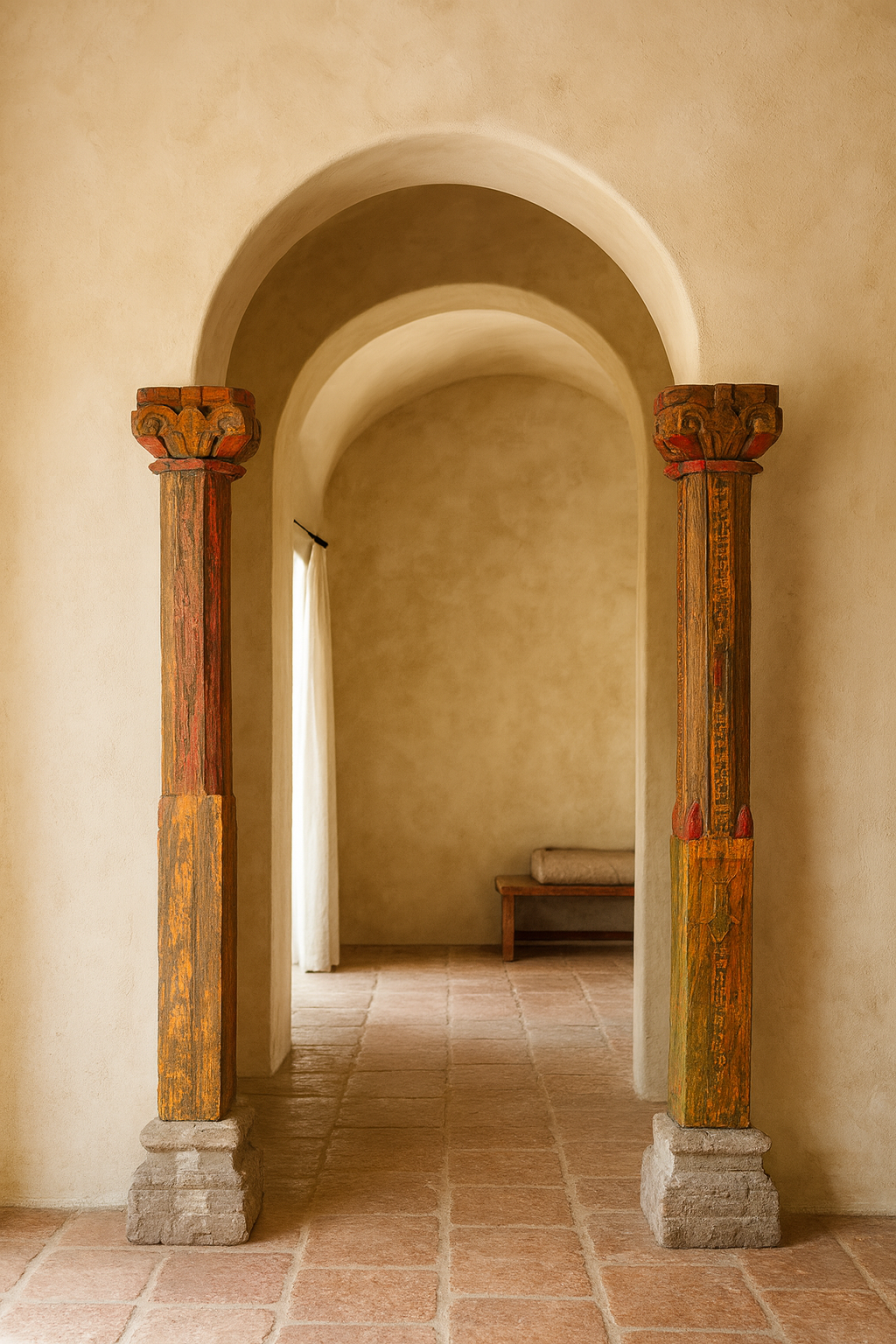 Arched hallway with decorative columns and a bench in a sunlit room.