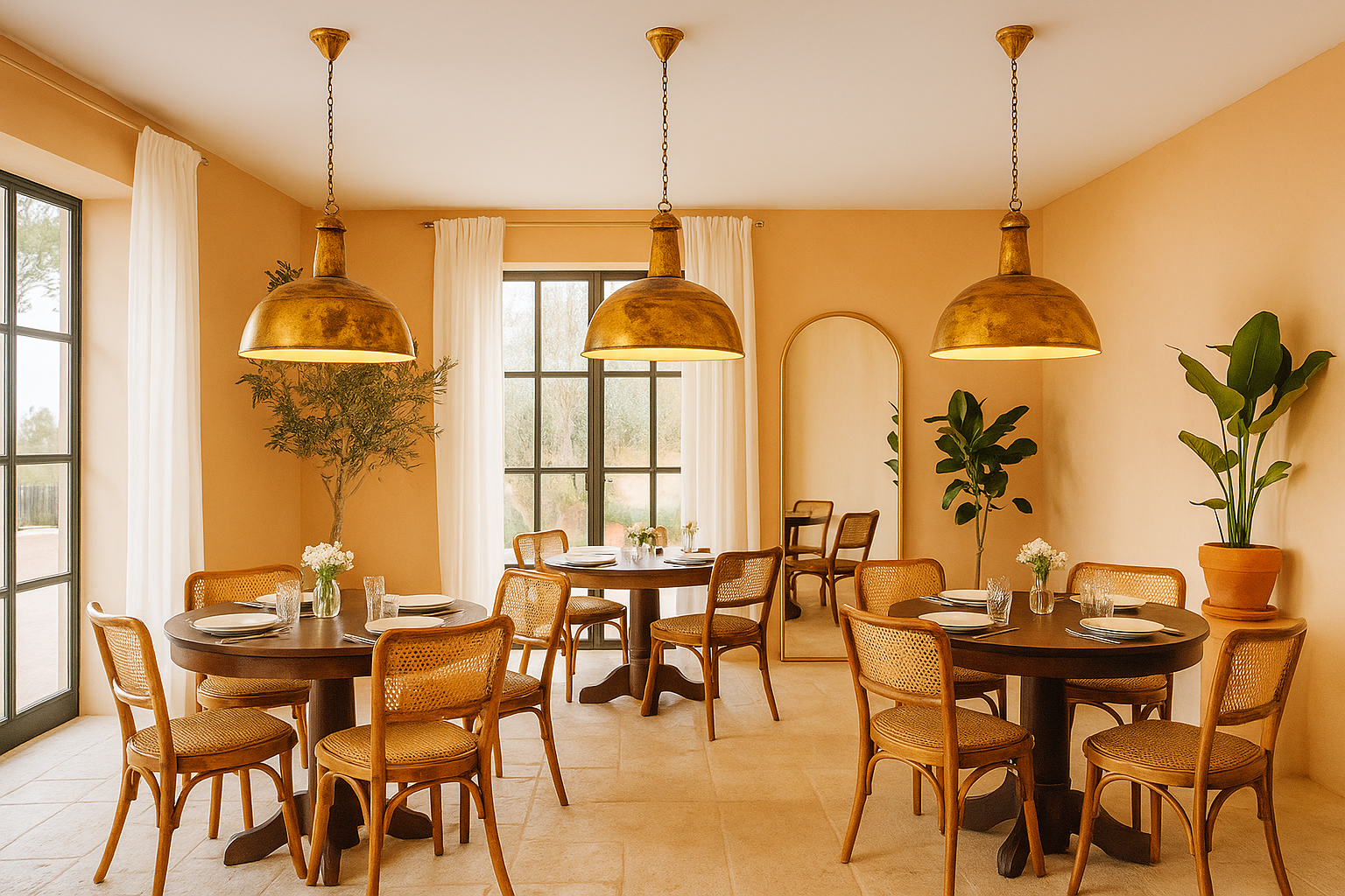 Lifestyle scene of a gold-coloured iron pendant light with distressed finish – a handcrafted vintage lighting piece featuring a domed iron lamp shade.