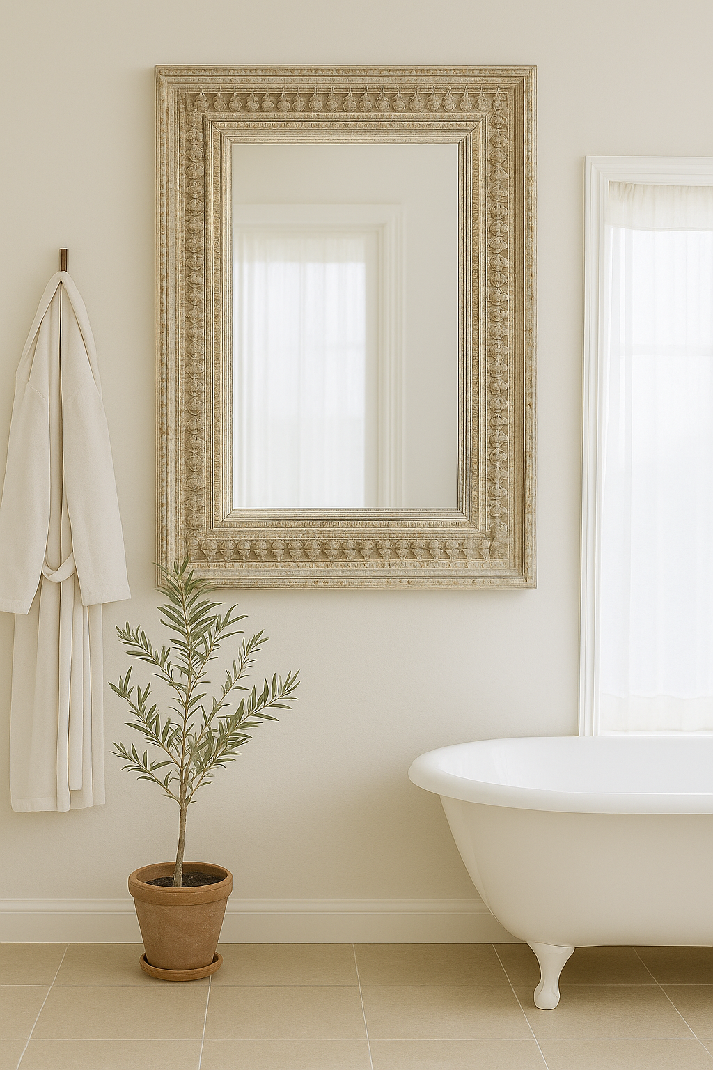 Lifestyle imagination of a vintage wall mirror with hand carved wooden mango wood frame; large rectangular mirror, 100 × 130 cm.