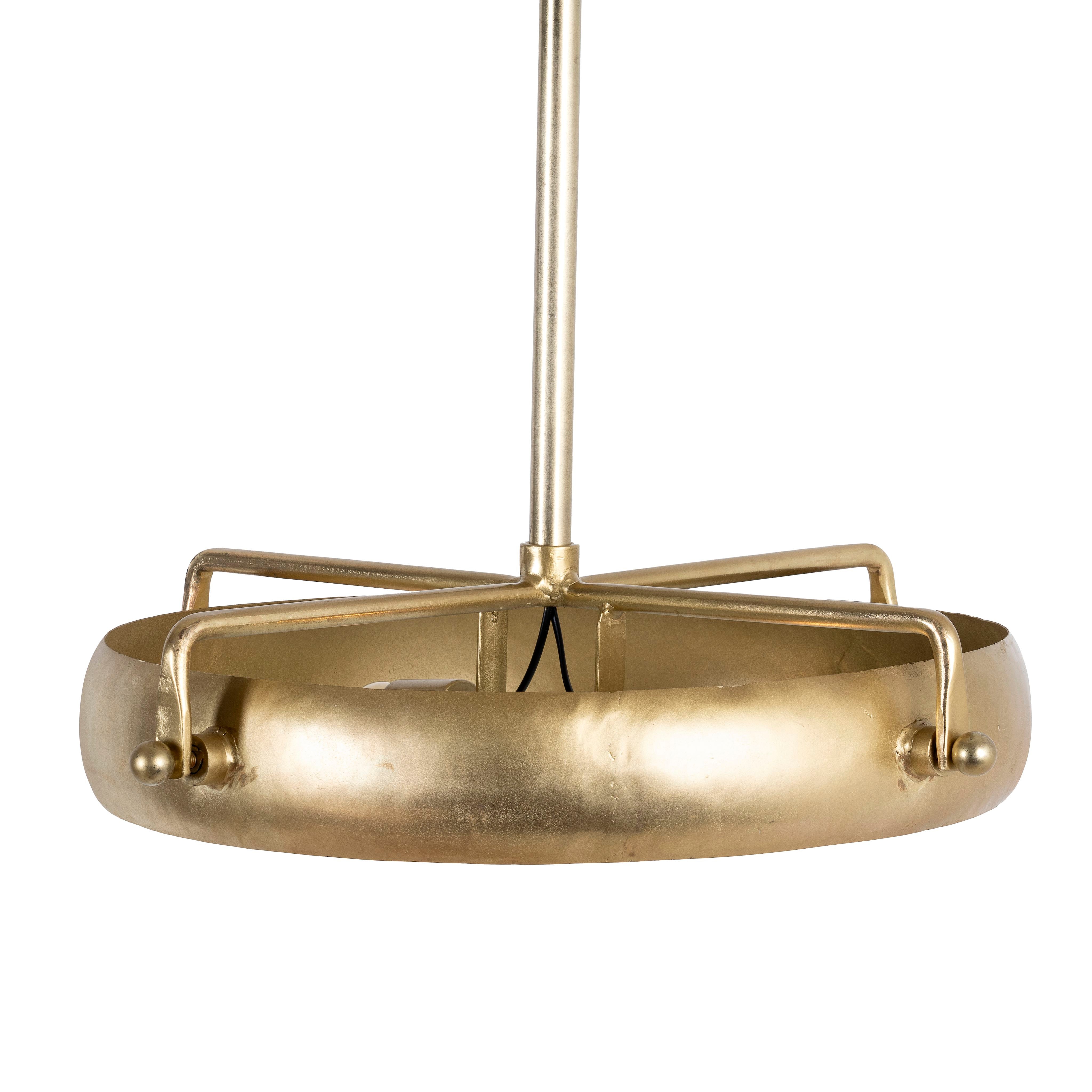 A round vintage pendant lamp with a brass-plated iron frame and a clear glass shade, viewed from the bottom showing the metallic structure.
