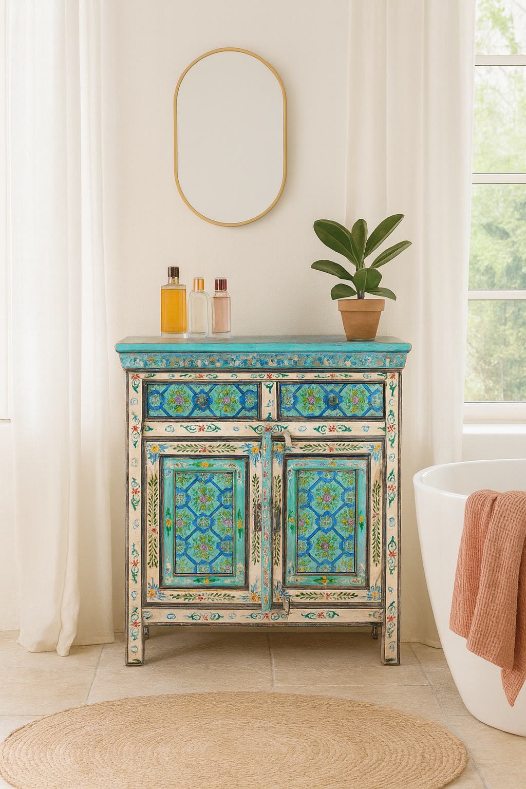 Lifestyle imagination of a vintage hand painted furniture cupboard in reclaimed wood with floral and geometric motifs, off-white distressed finish, 90 × 40 × 90 cm.