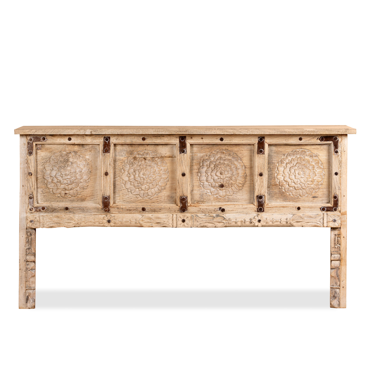 White background image of a reclaimed teak wood console table with hand-carved floral fronts and iron accents; sustainable furniture, 153 × 80 × 40 cm.