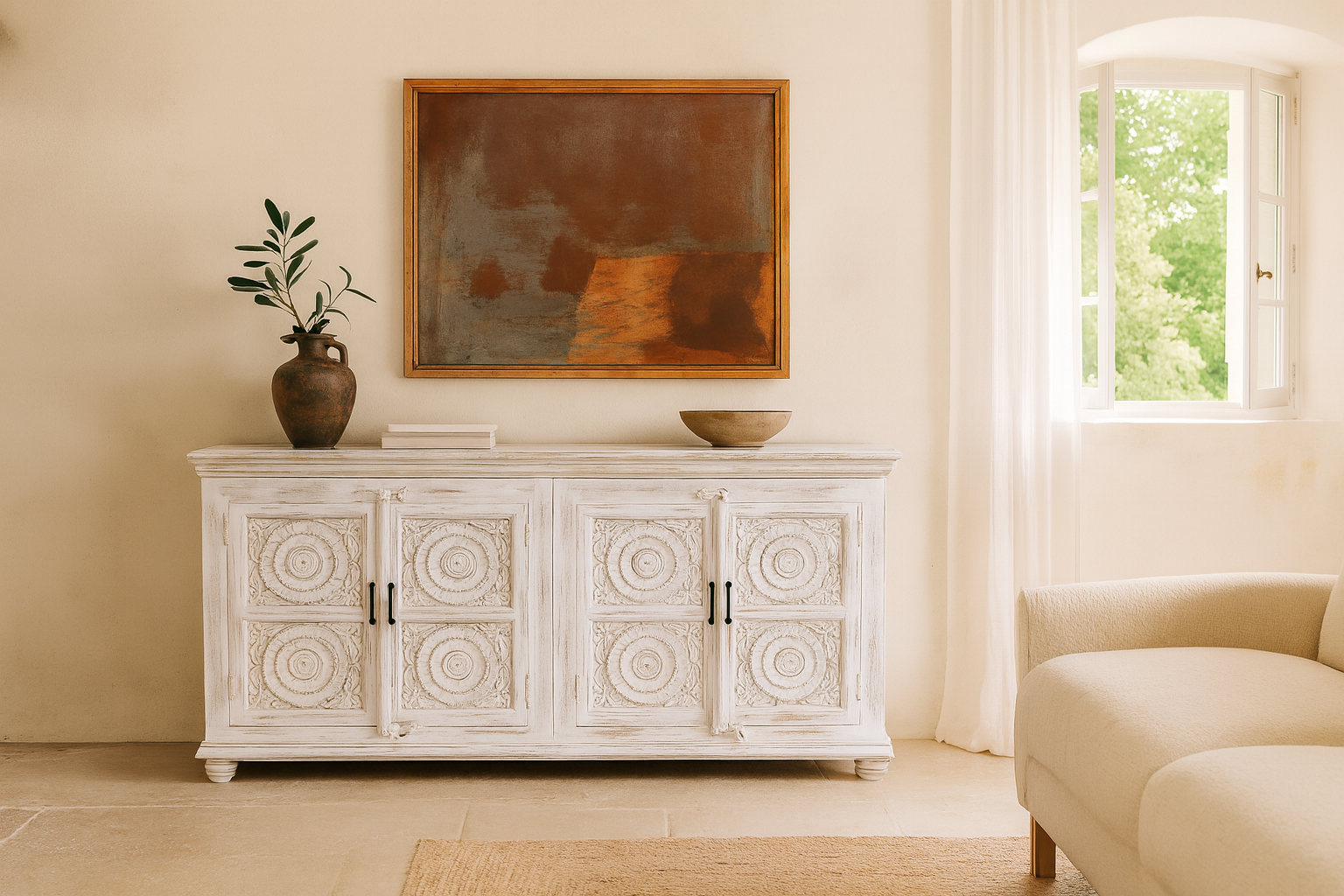 Lifestyle image of a Mango wood sideboard with hand-carved floral mandala doors; ideal for vintage home decor and mango wood furniture, 180 × 90 × 40 cm.