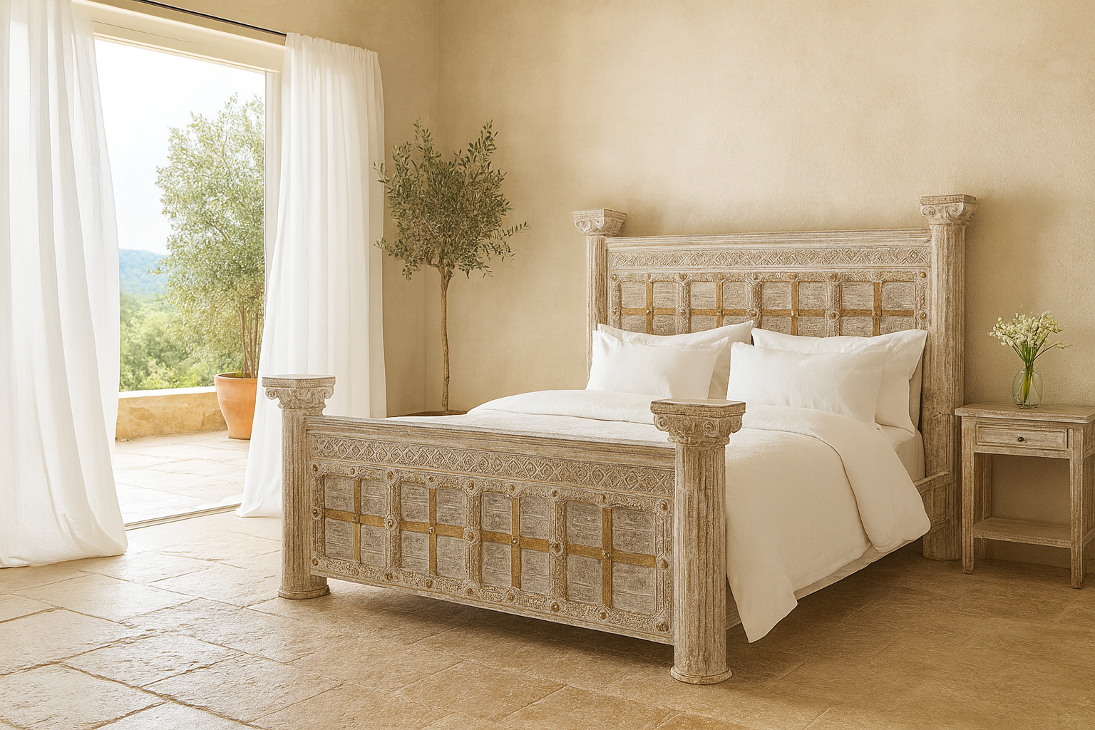 Lifestyle image of a handcrafted four poster bed made from reclaimed wood with carved detailing – Mirai model by Om Home & Garden