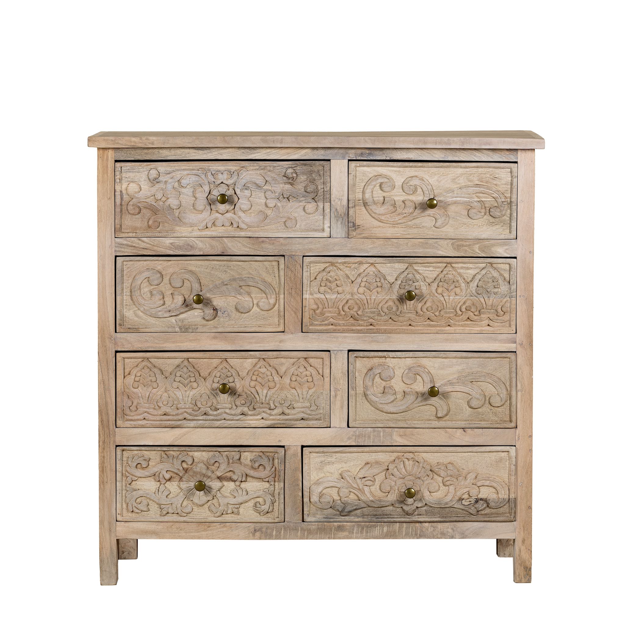 White background image of a carved mango wood cabinet with drawers and one door, made from reclaimed teak, 100 × 40 × 100 cm.