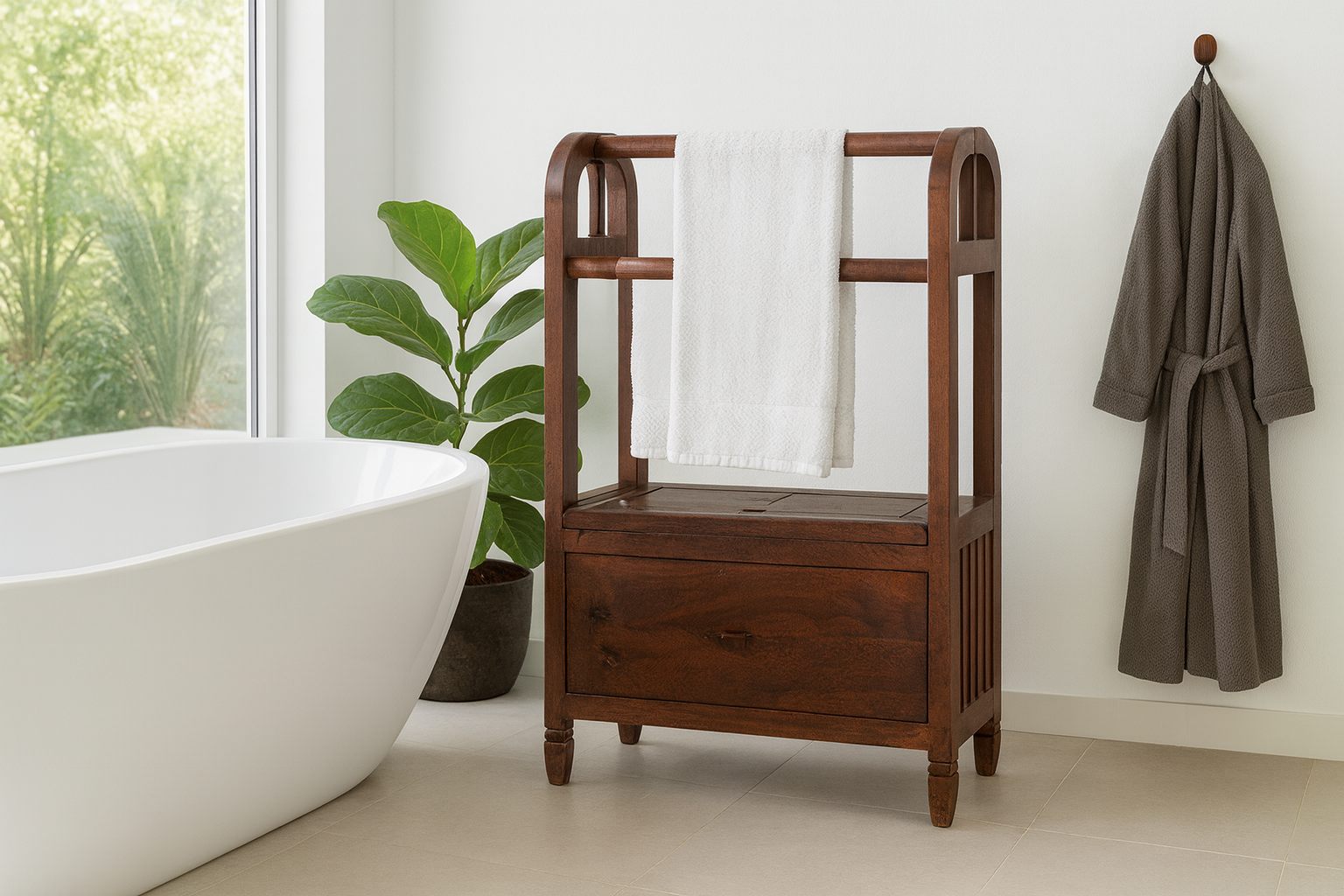 Lifestyle imagination of a reclaimed teak wood towel stand with dark brown finish and laundry storage; rustic bathroom furniture, 100 × 30 × 76 cm.