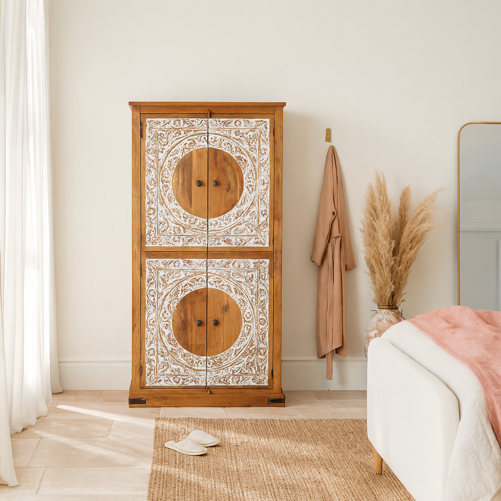 Lifestyle imagination of a mango wood furniture cabinet with full front floral carving, artisanal bedroom furniture with hand-carved details, 180 × 90 × 40 cm.