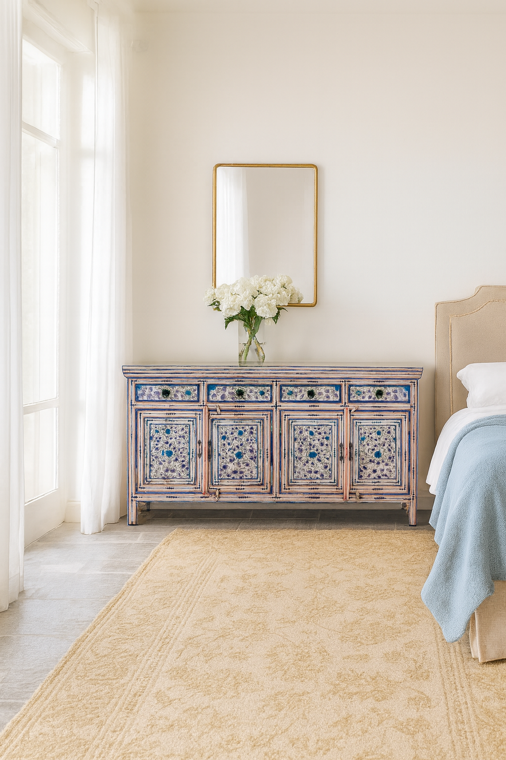 Lifestyle imagination of a hand painted wooden furniture sideboard with floral motifs, unique furniture piece made from reclaimed wood, 180 × 40 × 90 cm.