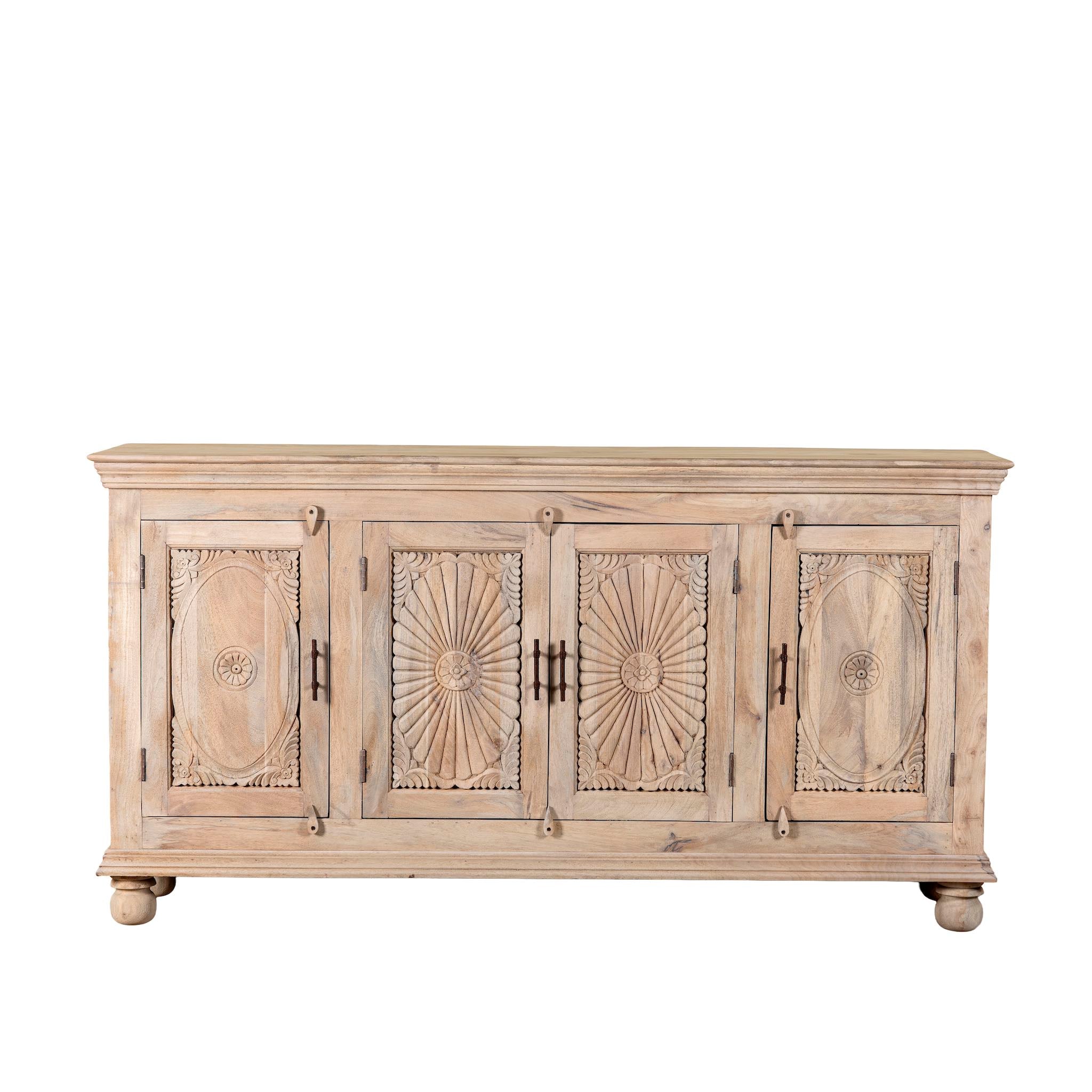 White background image of a hand-carved mango wood sideboard with sandblasted finish – a rustic mango wood furniture piece ideal for Ibiza style interiors.