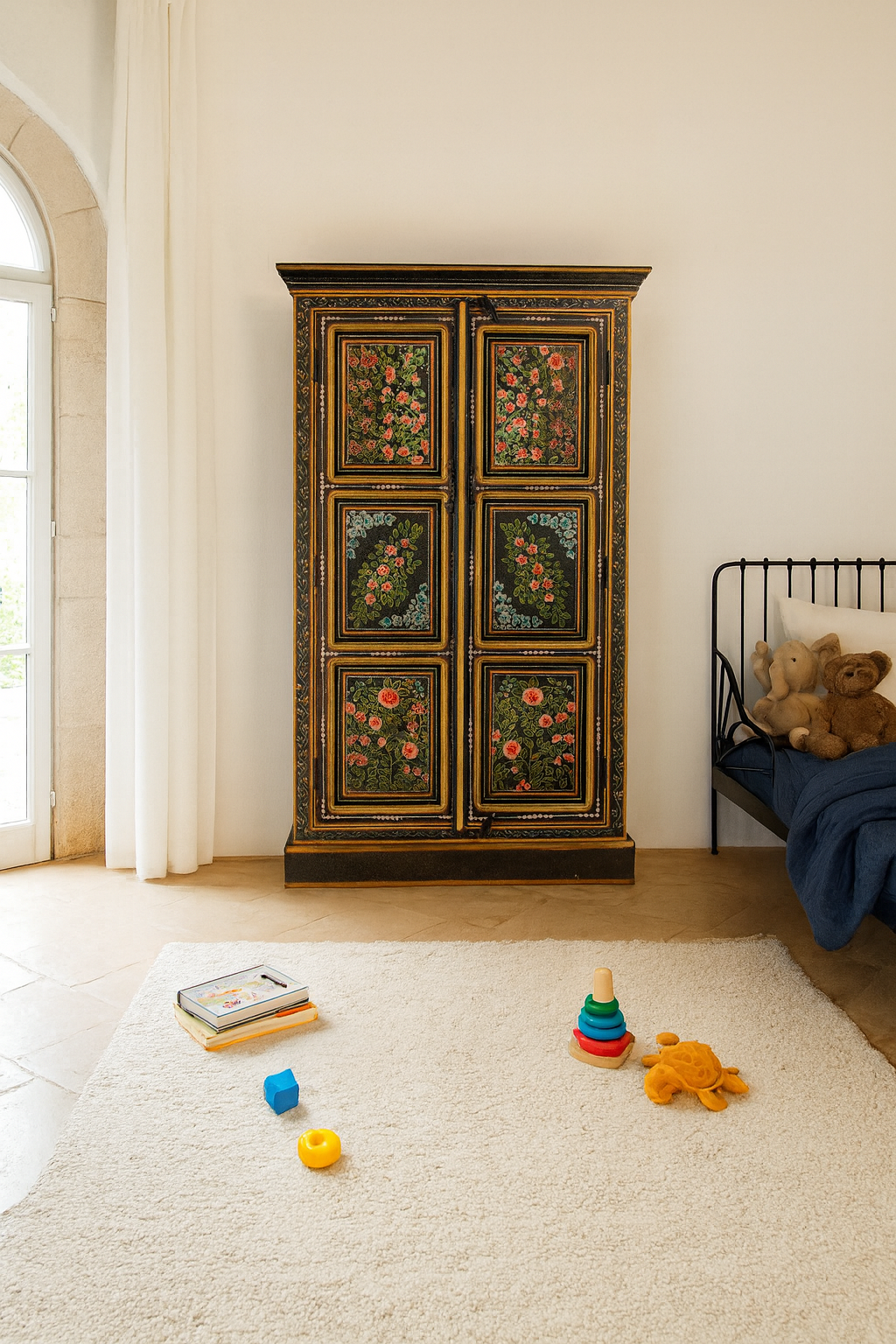 Lifestyle image of a hand-painted cabinet made from recycled wood with floral motifs – sustainable furniture and unique furniture for bold, artistic interiors.