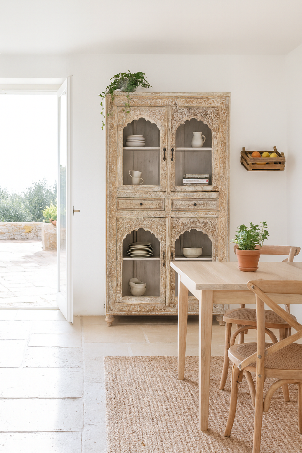 Lifestyle image of a hand-carved mango wood showcase with glass doors and drawers – carved wooden furniture in distressed turquoise and blue, combining artisan detail with vintage charm.