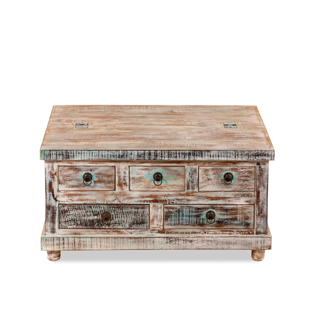 White background image of a handcrafted mango wood coffee table Box Table Panipat with drawers and box storage, vintage coffee table design, 90 × 90 × 45 cm.