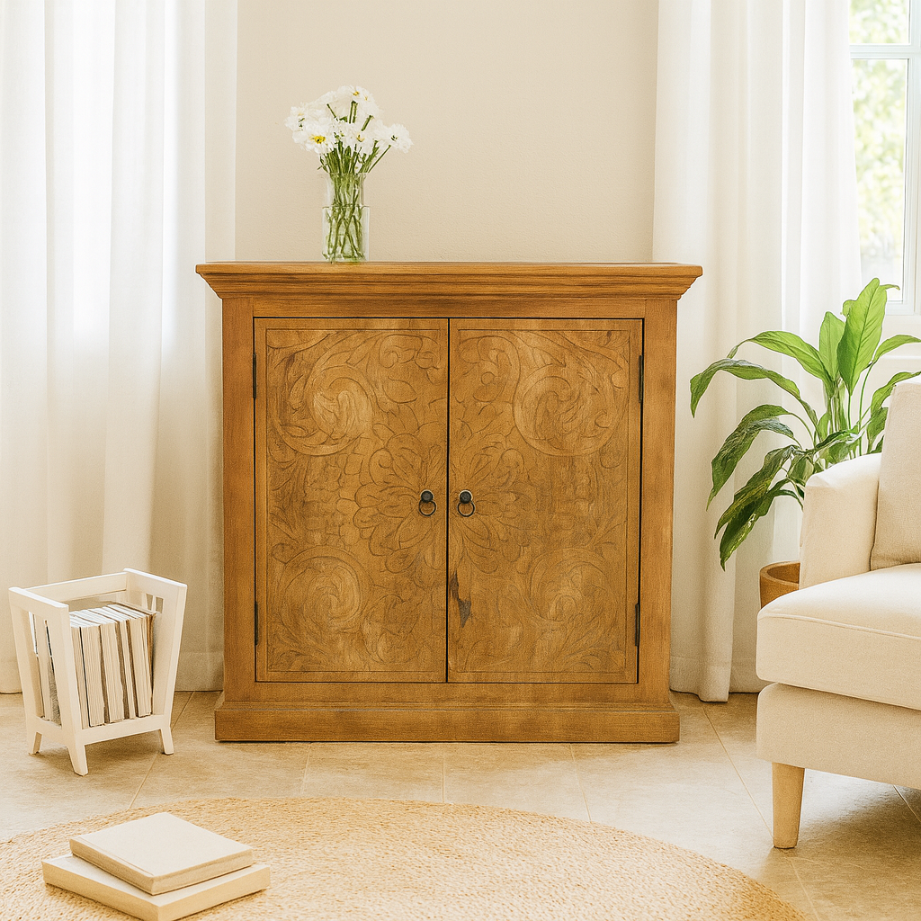 Lifestyle imagination of a mango wood cabinet with floral hand-carved doors in Mediterranean style, 90 × 90 × 40 cm – made from solid mango wood with unique grain and texture.