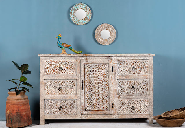 Hand-carved wood carved sideboard in mango wood furniture style with vintage three-layer finish.