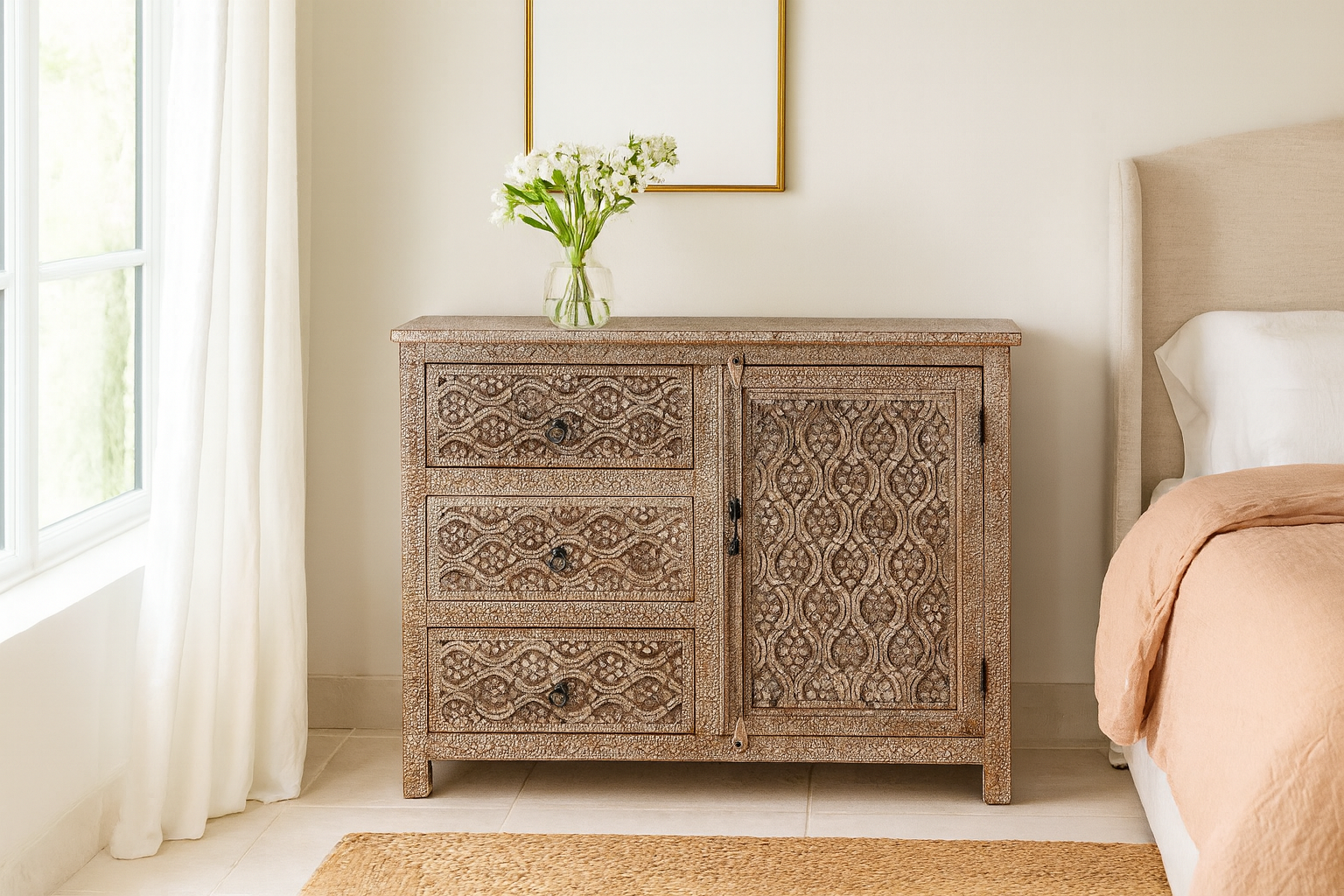 Lifestyle imagination of a mango wood furniture sideboard with hand-carved detailing and distressed style finish, vintage furniture storage cabinet, 120 × 40 × 90 cm.