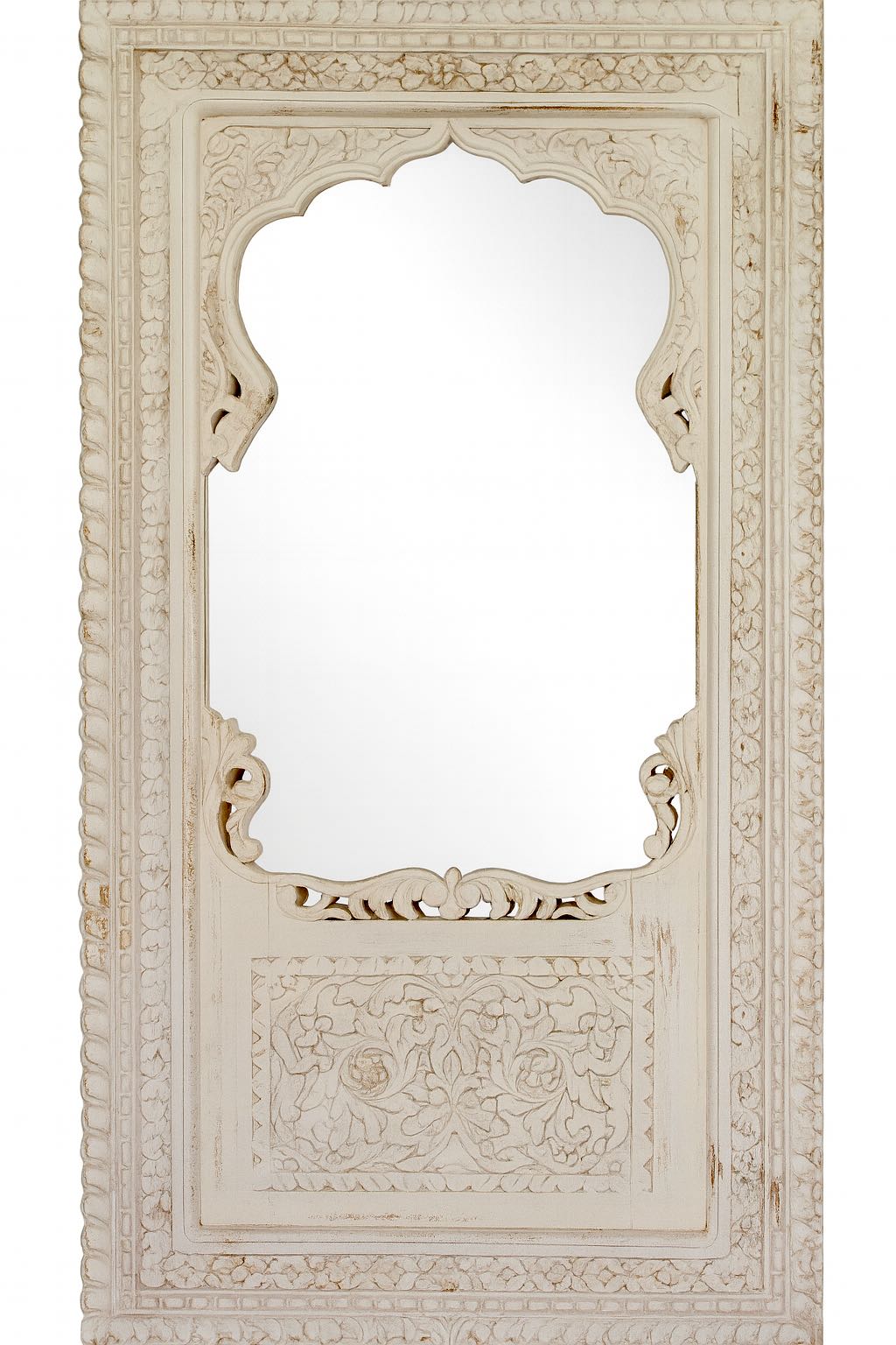 White background image of a tall white washed wall mirror with intricately hand carved mango wood frame; 190 × 109 × 10