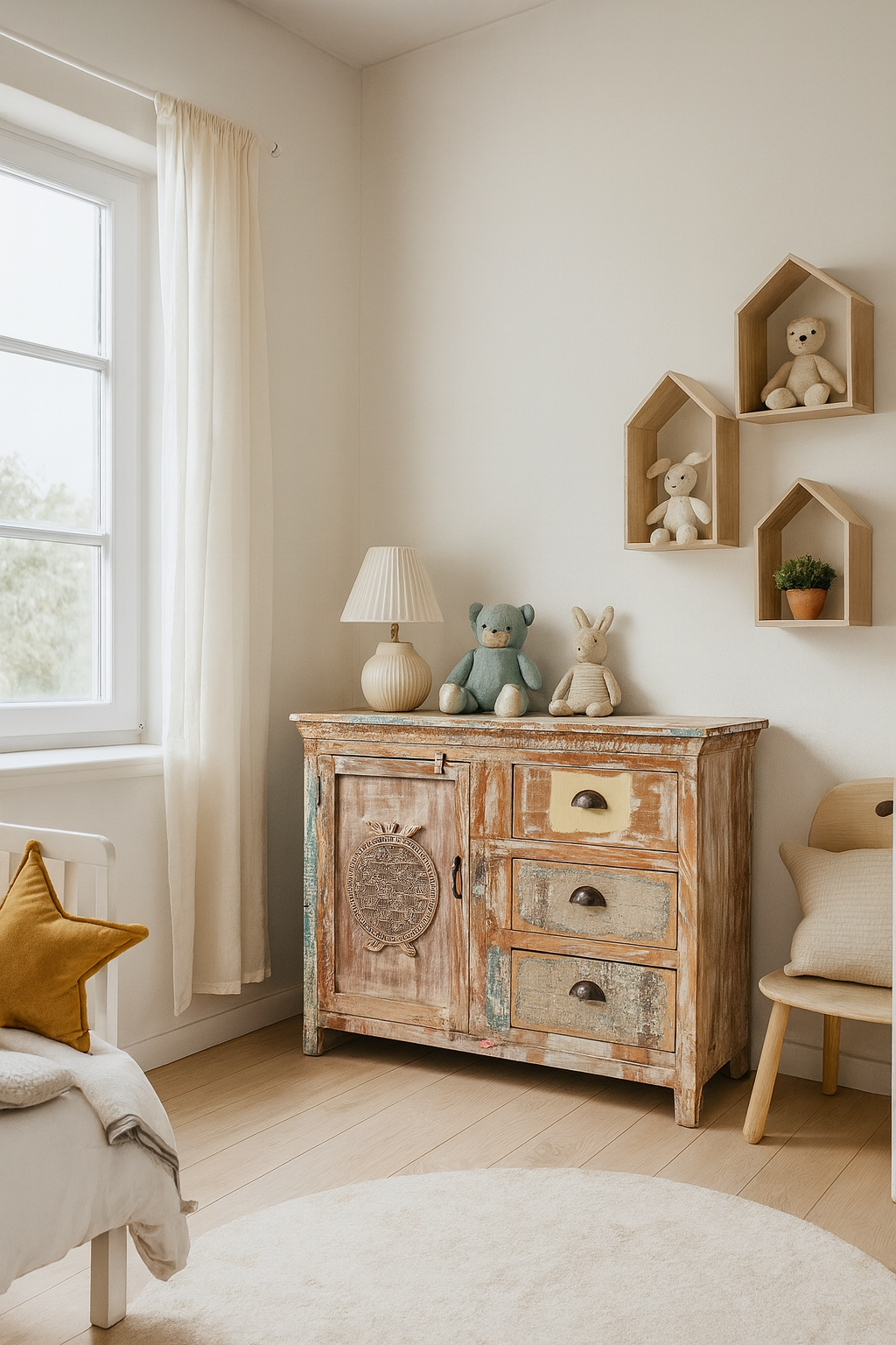 Lifestyle image of a handcrafted cupboard made from reclaimed wood with a carved turtle motif and pastel finish; vintage furniture and sustainable furniture, 110 × 96 × 40 cm.