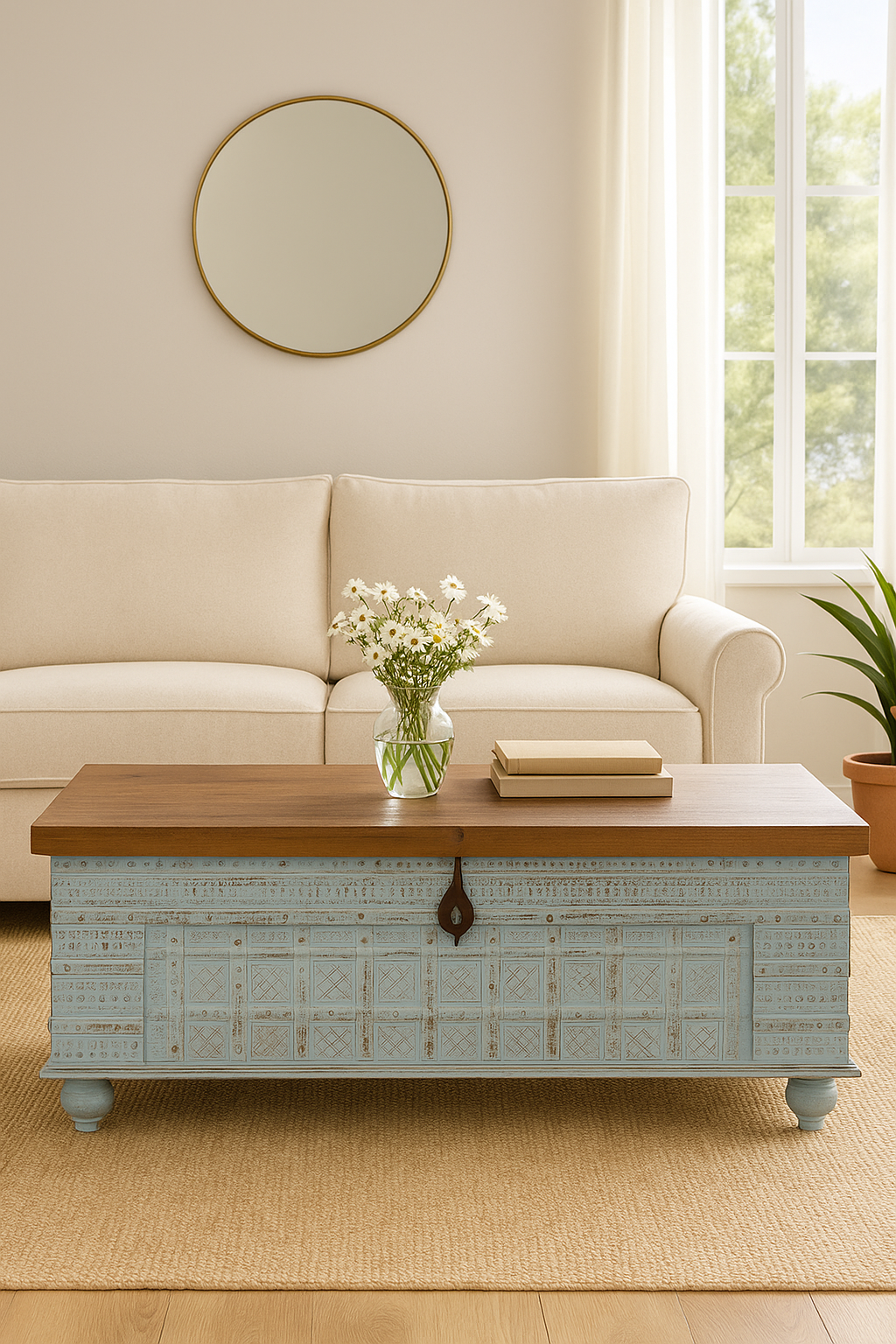 Lifestyle image of a antique Indian chest coffee table in blue with brass fittings – solid teak iron fitted wooden chest repurposed as living room table with storage.