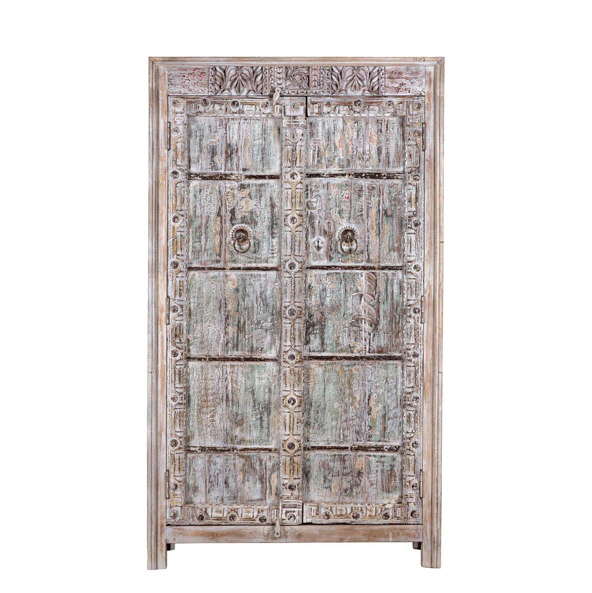 White background image of a reclaimed wood wardrobe made with antique door panels – a handcrafted piece of old door furniture perfect for Indian home decor and rustic interiors.