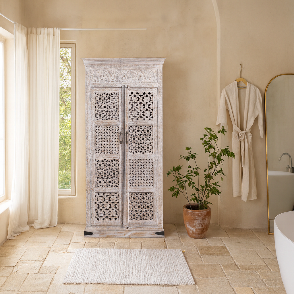 Lifestyle imagination of a hand-carved mango wood wardrobe with whitewashed finish, bedroom furniture wooden wardrobe with floral and geometric lattice doors, 90 × 190 × 40 cm.