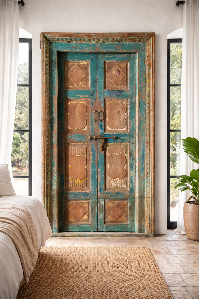 Ridhi - Antique Indian Teak Wood Door with Brass Lock 240cm – Om Home \u0026  Garden, image size:800x1200