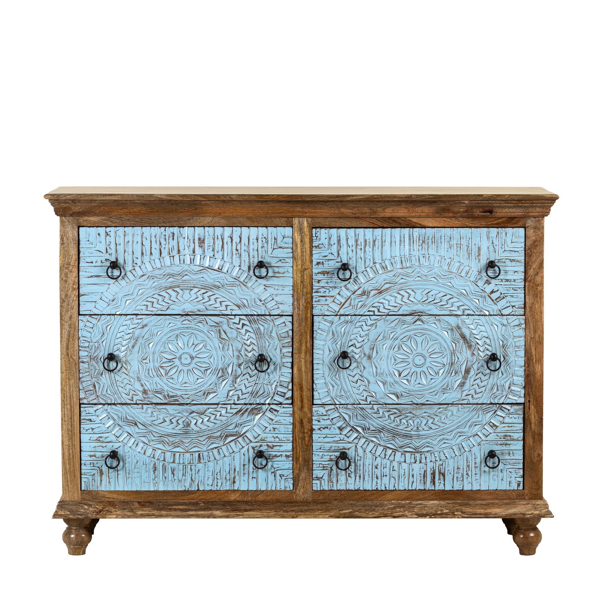 White background image of a hand-carved mango wood chest of drawers Safita with distressed blue finish and iron fittings, boho style living room furniture, 140 × 42 × 100 cm.