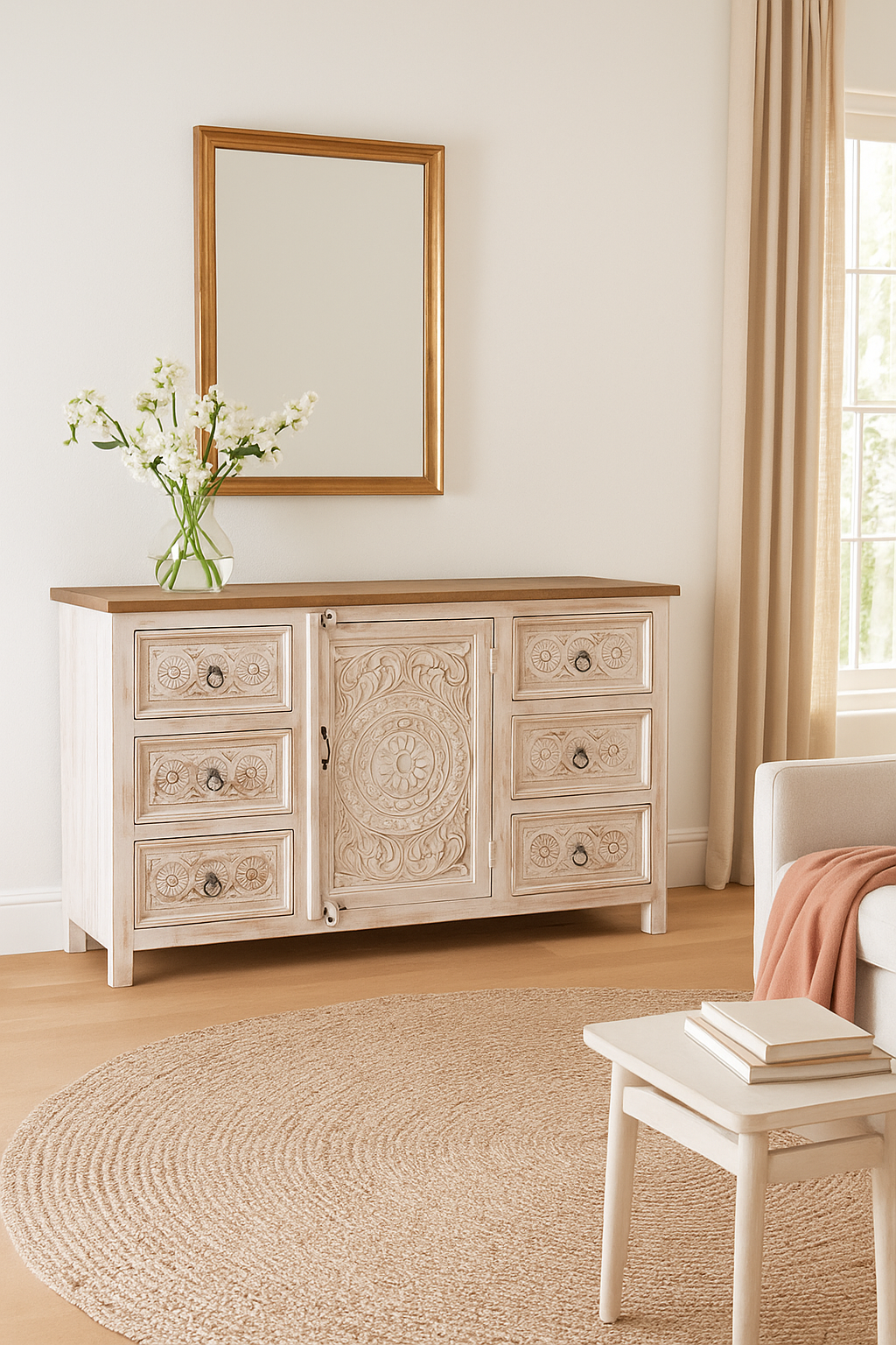 Lifestyle image of a handcrafted mango wood sideboard with carved floral motifs, whitewashed base and natural top; perfect for vintage home decor and living room furniture, 150 × 40 × 90 cm.