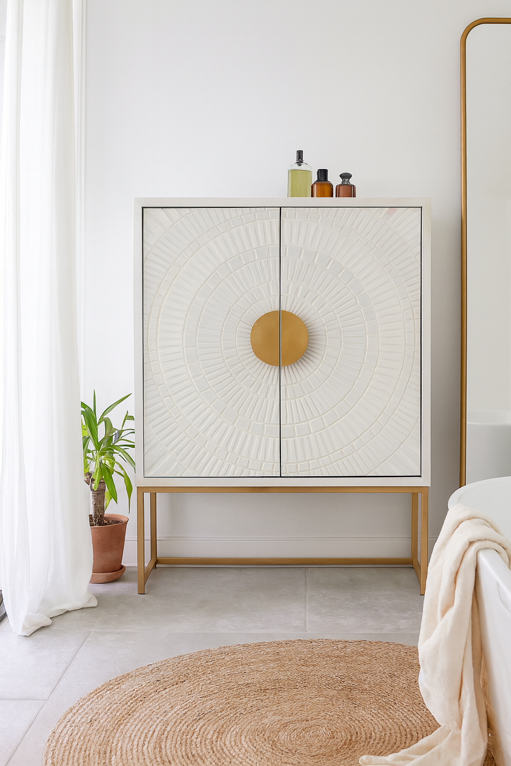 Lifestyle imagination of a whitewashed mango wood buffet with carved lines and antique brass iron base, 90 × 120 × 42 cm.