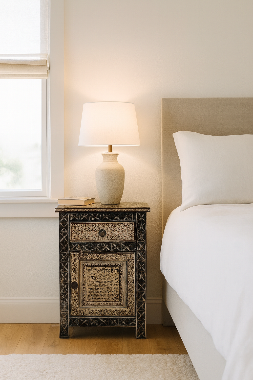 Lifestyle imagination of a pair of hand painted Sanskrit bedside tables, reclaimed wood design inspired by traditional cupboards; sustainable furniture, 45 × 35 × 70 cm.