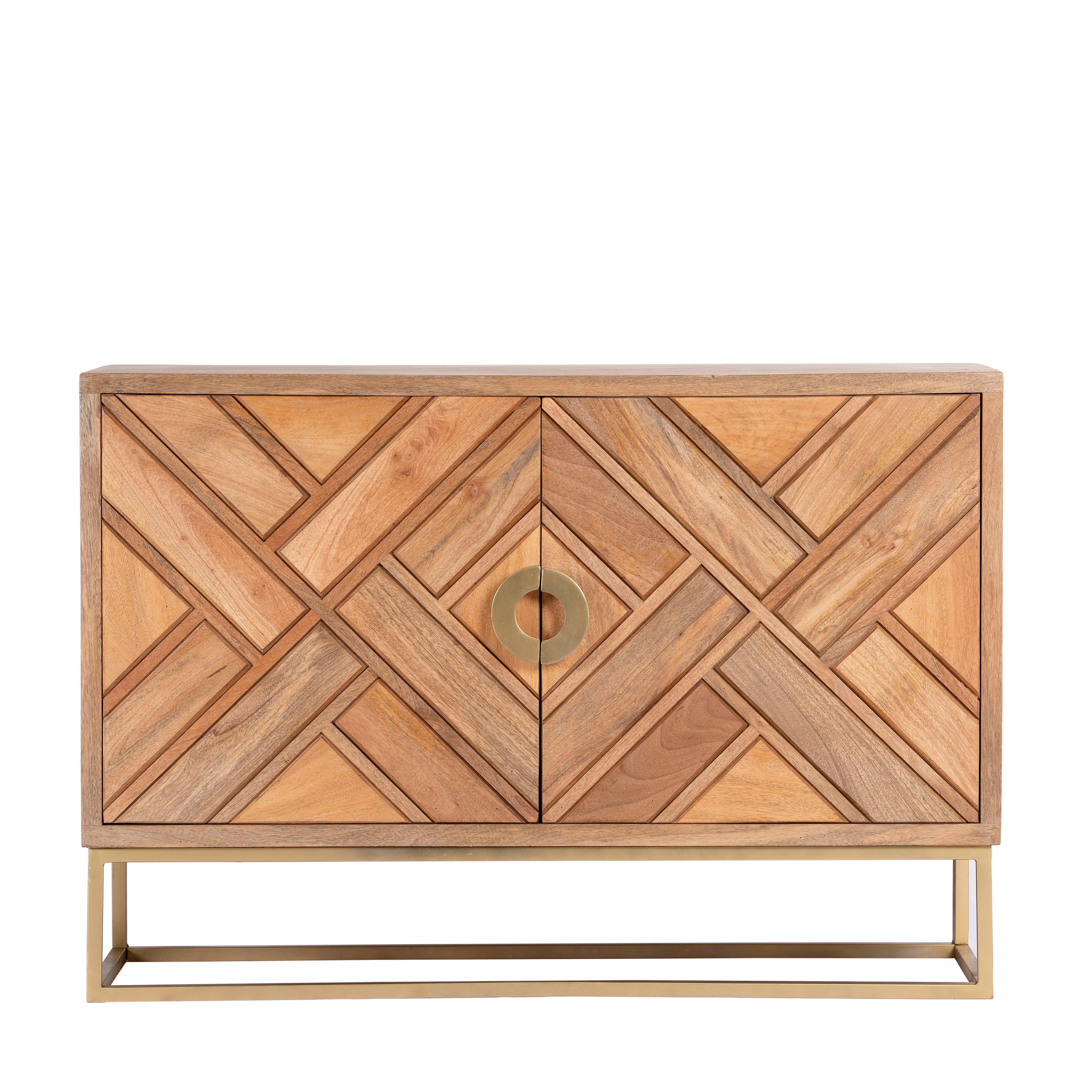 White background image of a handcrafted mango wood sideboard with tiled front design, brass stand, and handles—minimalistic style furniture blending natural warmth with refined elegance.