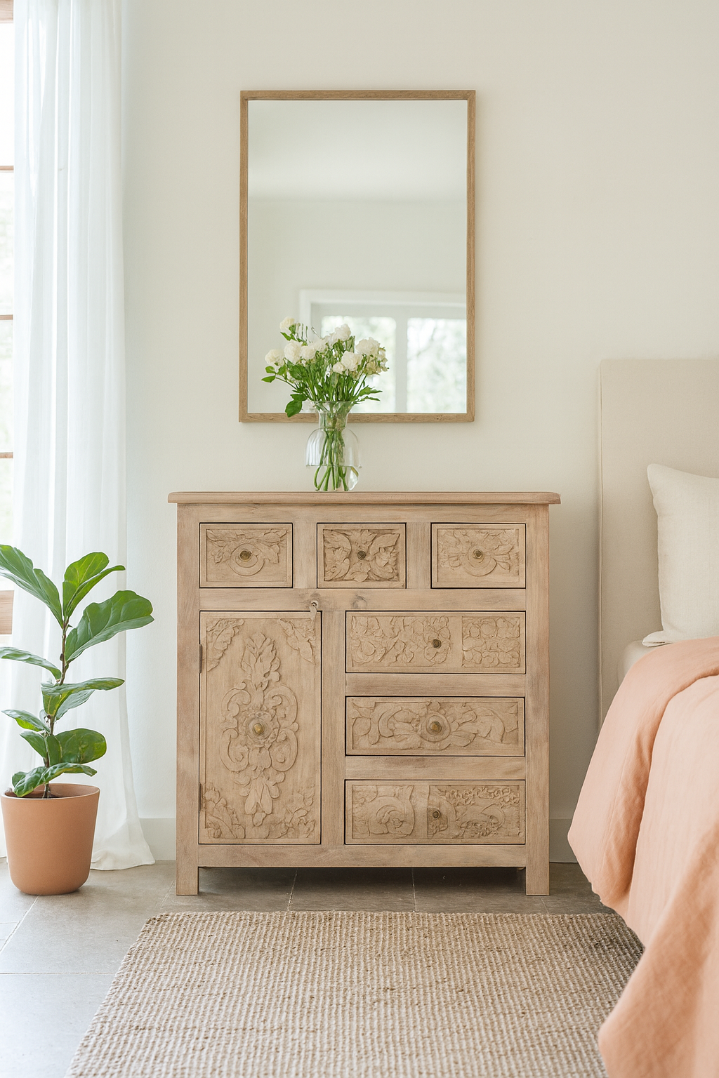 Lifestyle imagination of a hand carved mango wood cupboard with 6 drawers and 1 door, iron fitted door knobs and floral carvings.