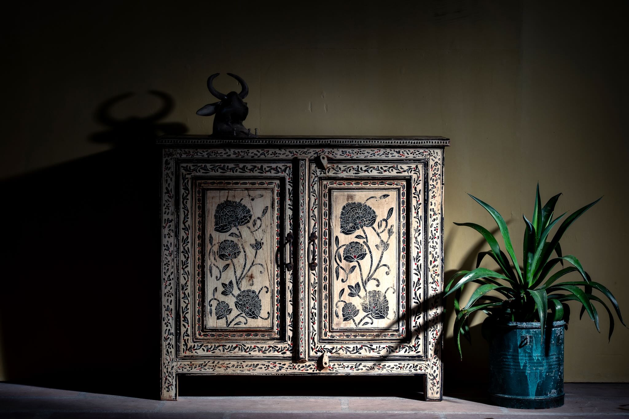 hand-painted cupboard made from reclaimed wood with Indian floral motifs; ideal for boho chic living room or unique furniture decor, 100 × 92 × 36 cm.