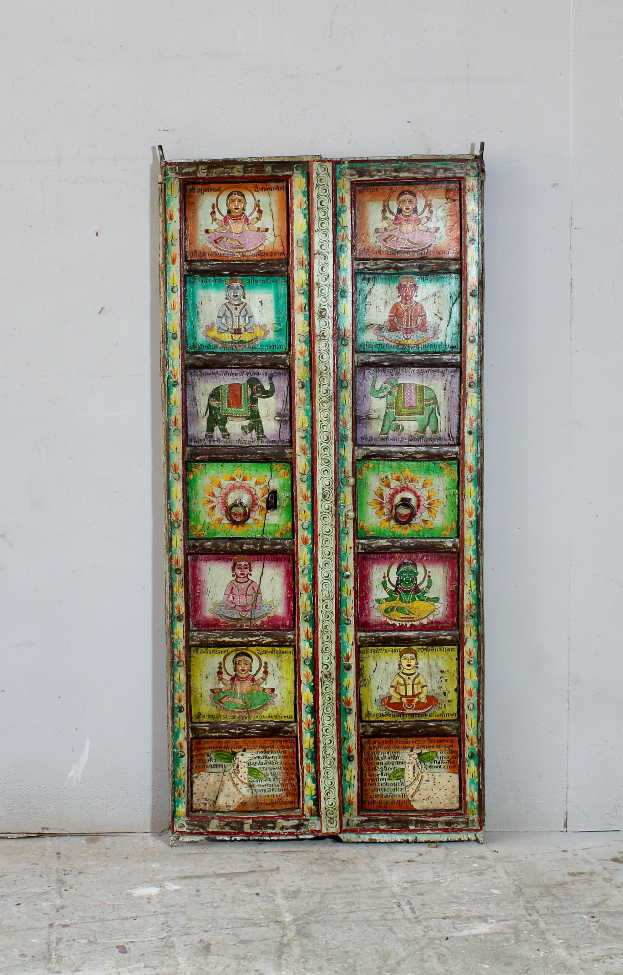 Antique Indian teak door panel with hand-painted religious motifs, vintage wall panels and vintage home decor.