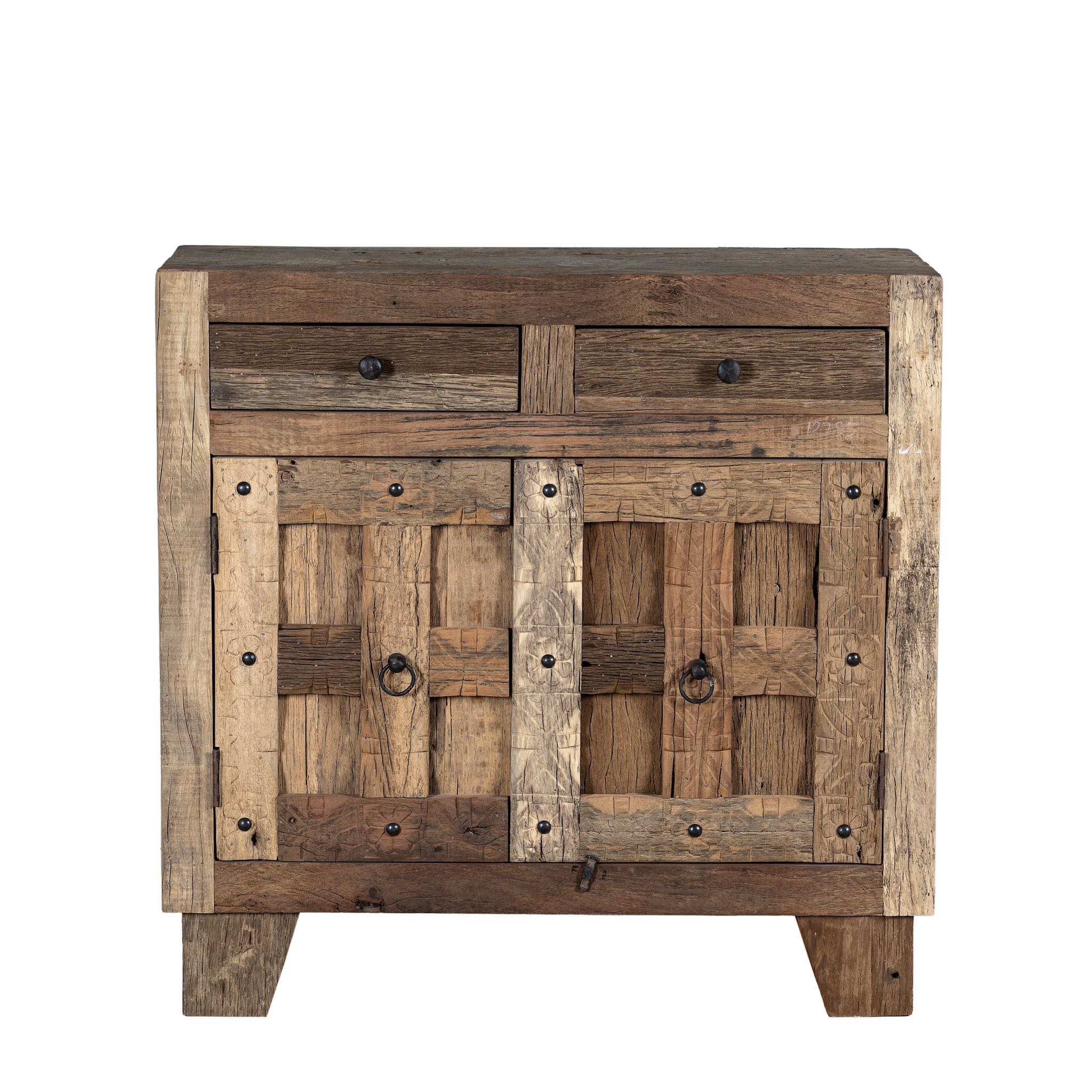 White background view of a driftwood cabinet made from reclaimed wood with panelled doors, drawers, and rustic finish, 90 × 40 × 90 cm.