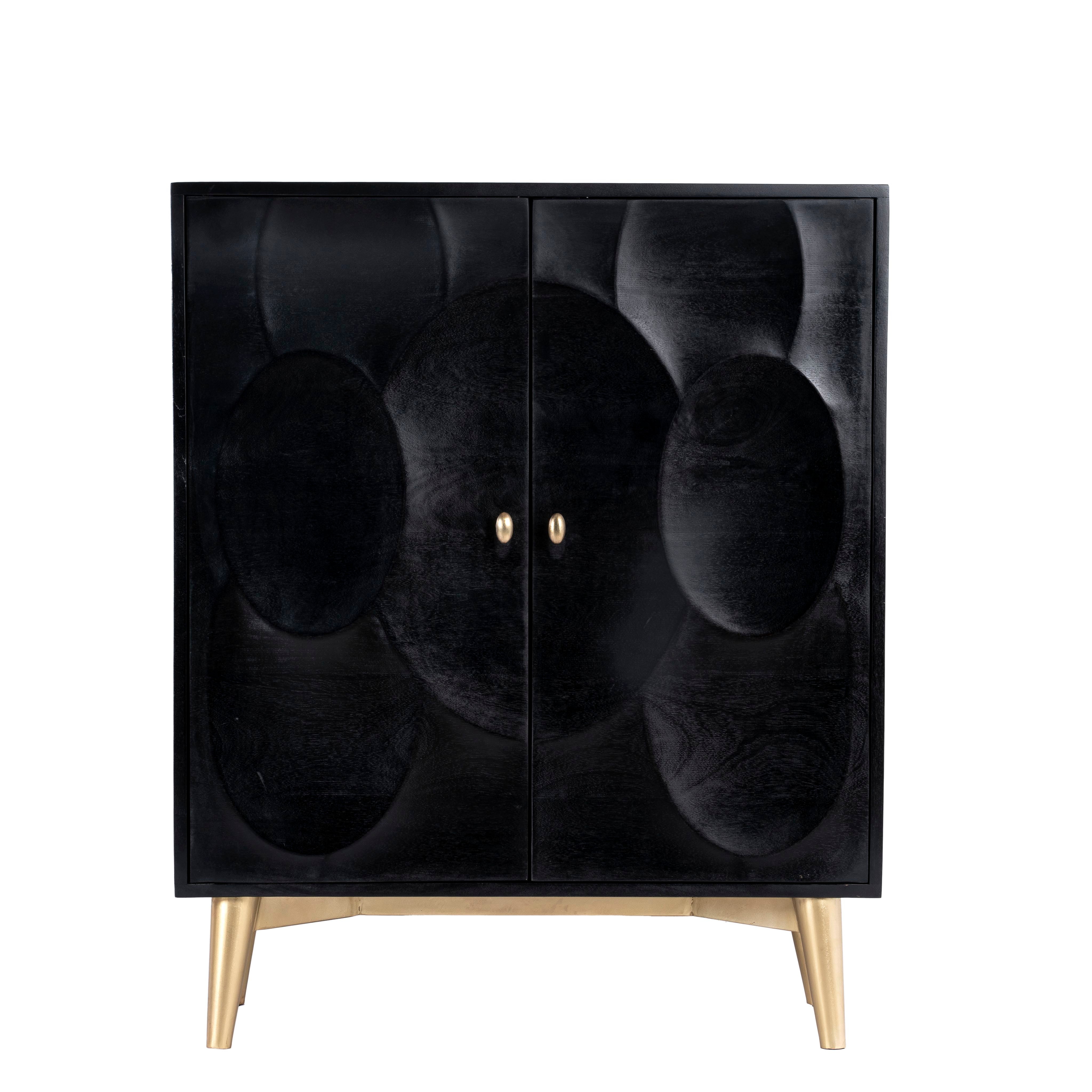 White background image of a black mango wood cabinet with carved circular patterns and brass-plated iron base, 91 × 43 × 111 cm.