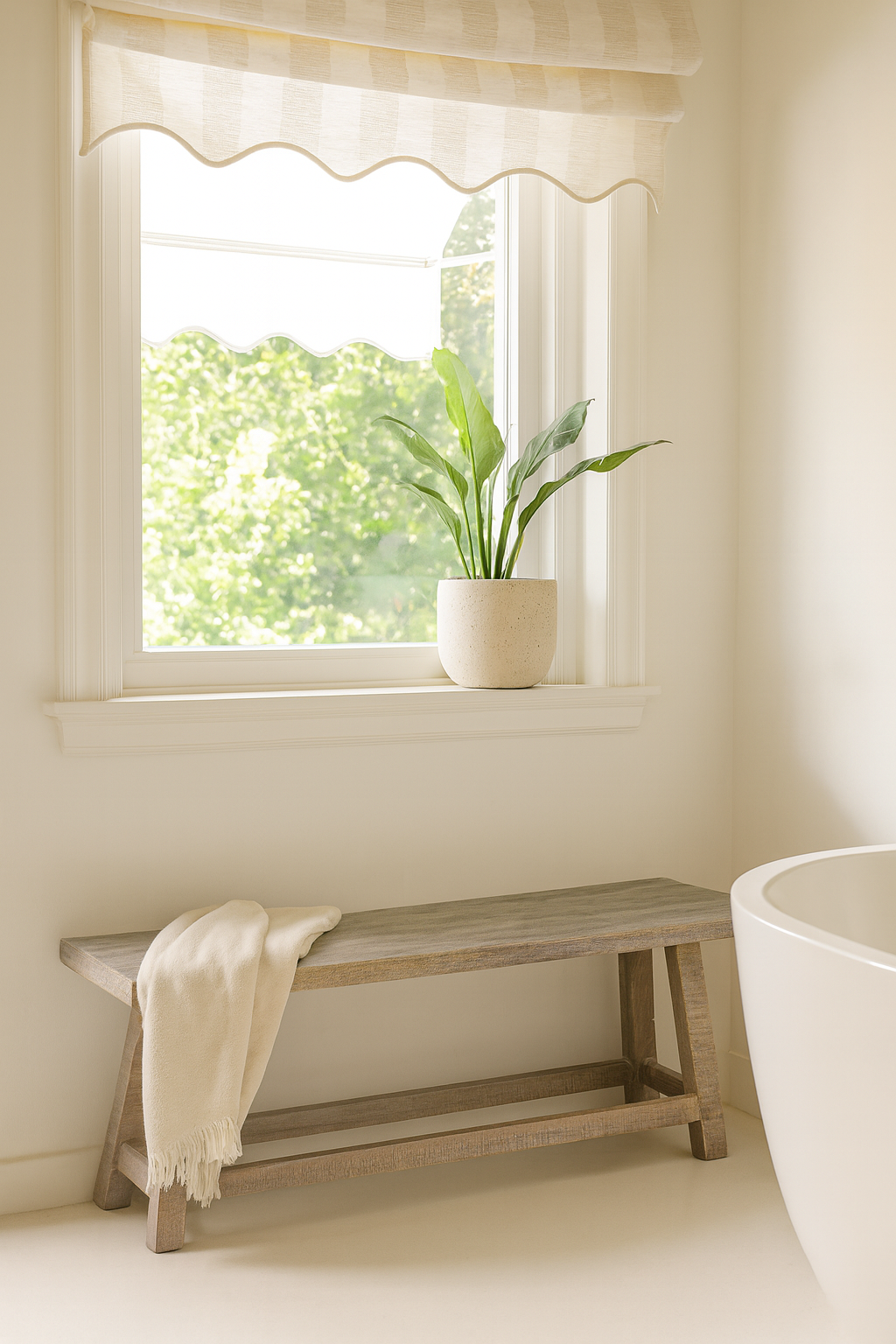 Lifestyle imagination of a sandblasted driftwood bench made of reclaimed wood, sustainable furniture with rustic design, 120 × 36 × 50 cm.