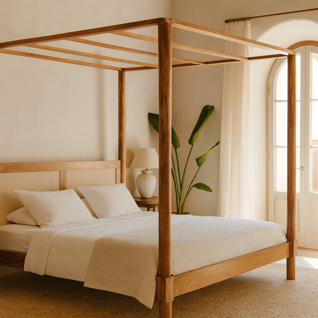 Handcrafted four poster boho bed Svarg in solid mango wood, Mediterranean-inspired artisanal bedroom furniture, 190 × 200 cm.