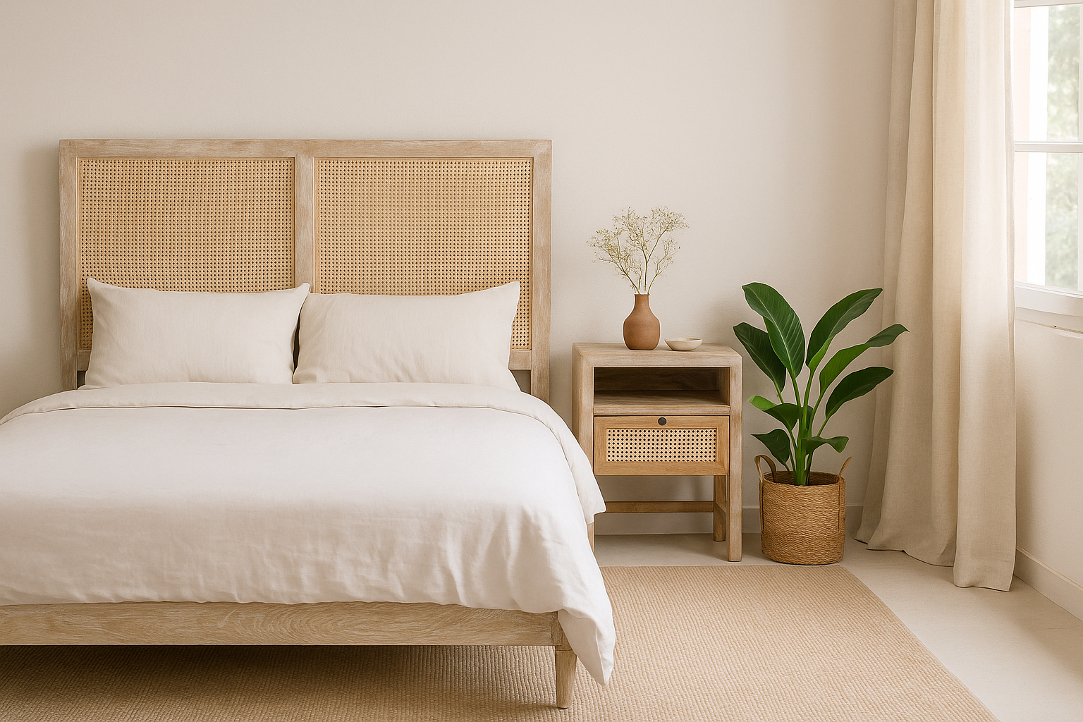 Handcrafted Indian bed Tapti in solid mango wood with rattan panels, artisanal bedroom furniture, 180 × 200 cm.