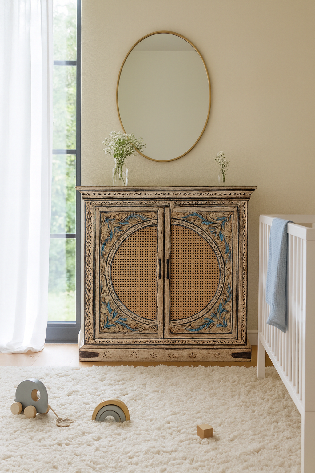 Lifestyle imagination of a hand-made, hand-carved cupboard made of mango wood with blue floral designs, elephant motifs and rattan inserts.