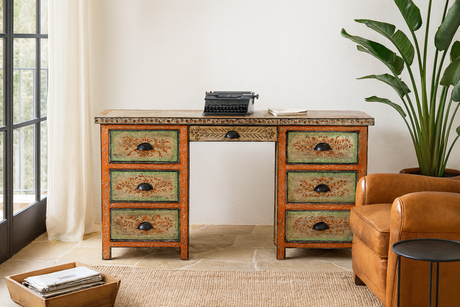 Lifestyle image of a hand-painted desk made of reclaimed wood with floral detailing – Tejasvini model by Om Home & Garden