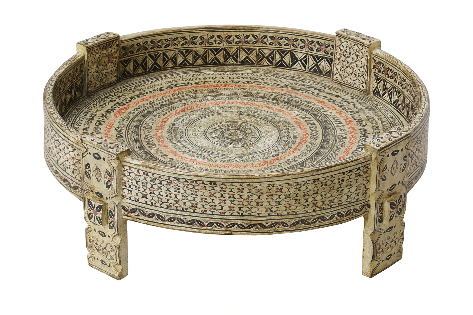 White background image of a reclaimed wood coffee table made from antique teak oil press with hand-painted Sanskrit symbols and glass top; hand painted coffee table, 75 cm diameter, 25 cm height.