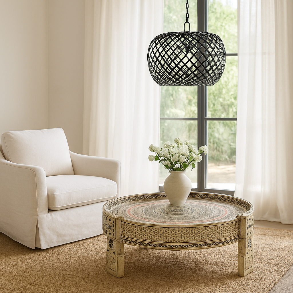 Lifestyle imagination of a reclaimed wood coffee table made from antique teak oil press with hand-painted Sanskrit symbols and glass top; hand painted coffee table, 75 cm diameter, 25 cm height.