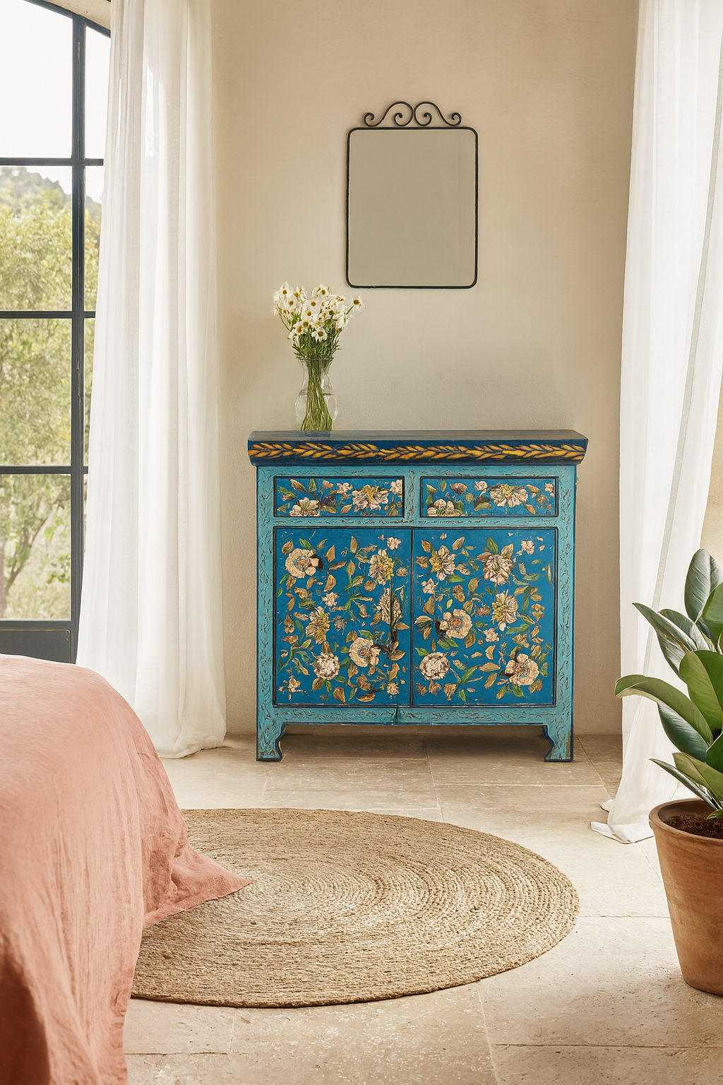 Lifestyle imagination of a of a hand-painted cupboard made of reclaimed wood with vibrant floral design – Tvesa model by Om Home & Garden