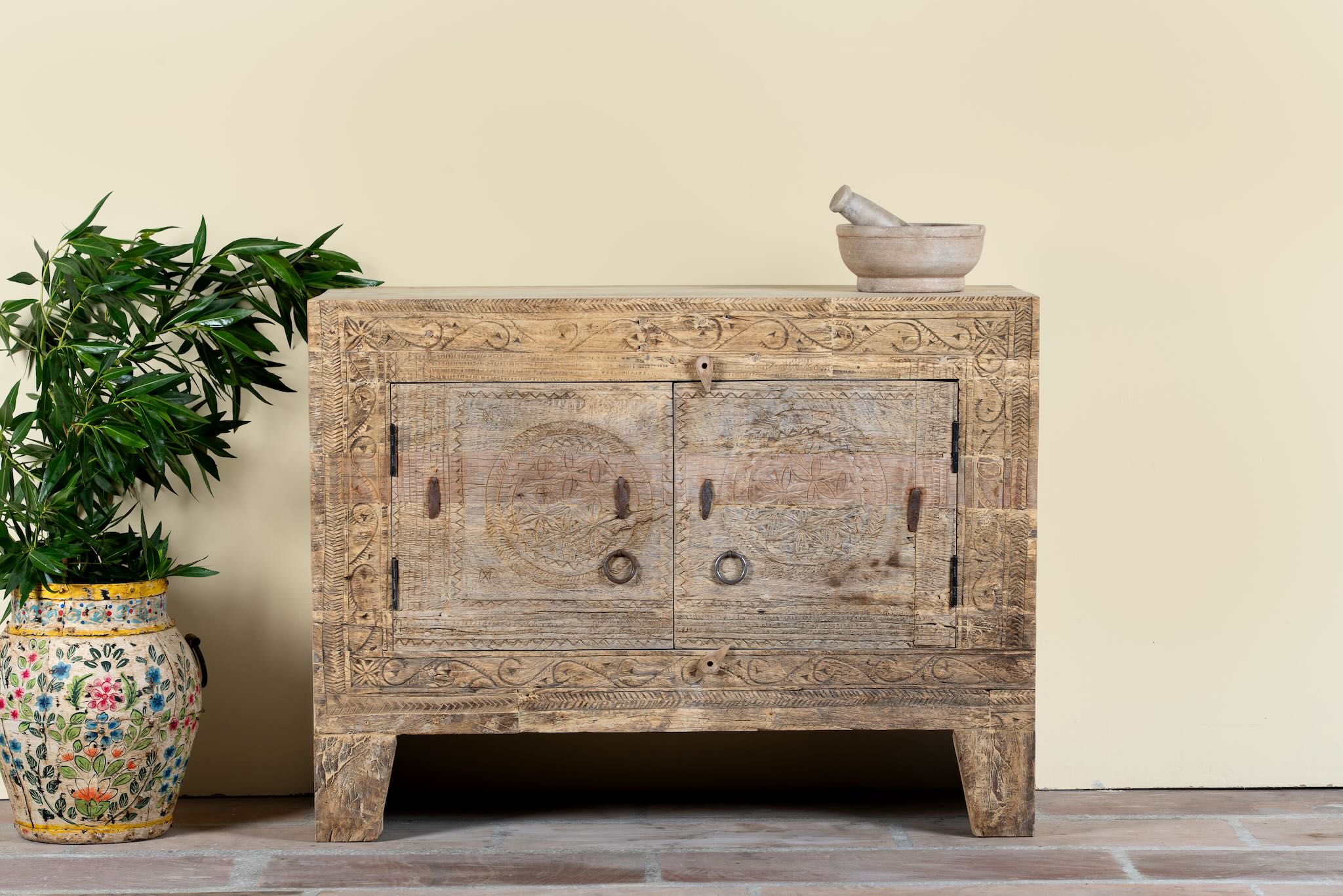 Reclaimed wood sideboard made from antique teak doors with carved detailing; teak furniture, 110 × 45 × 83 cm.