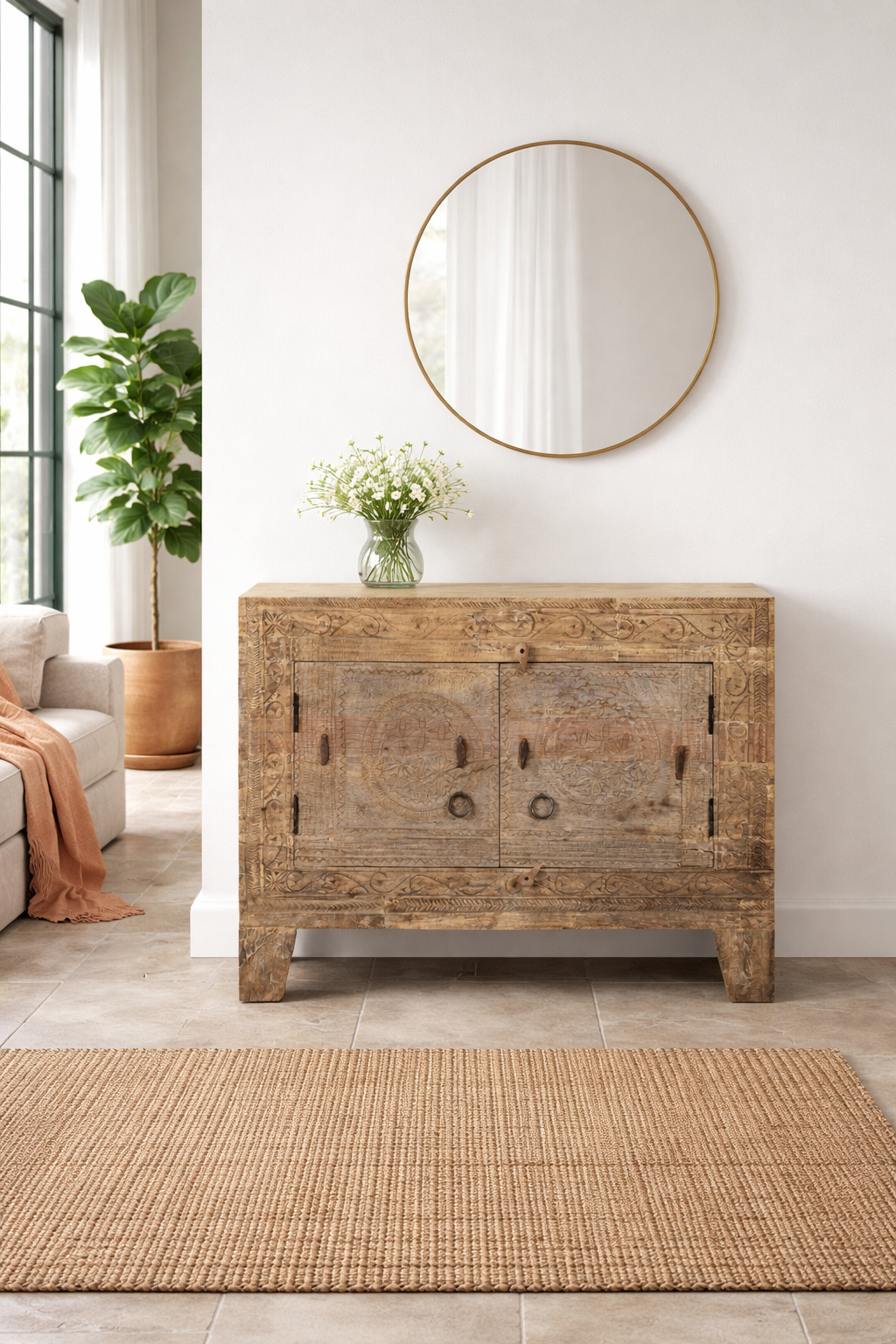 Lifestyle imagination of a reclaimed wood sideboard made from antique teak doors with carved detailing; teak furniture, 110 × 45 × 83 cm.