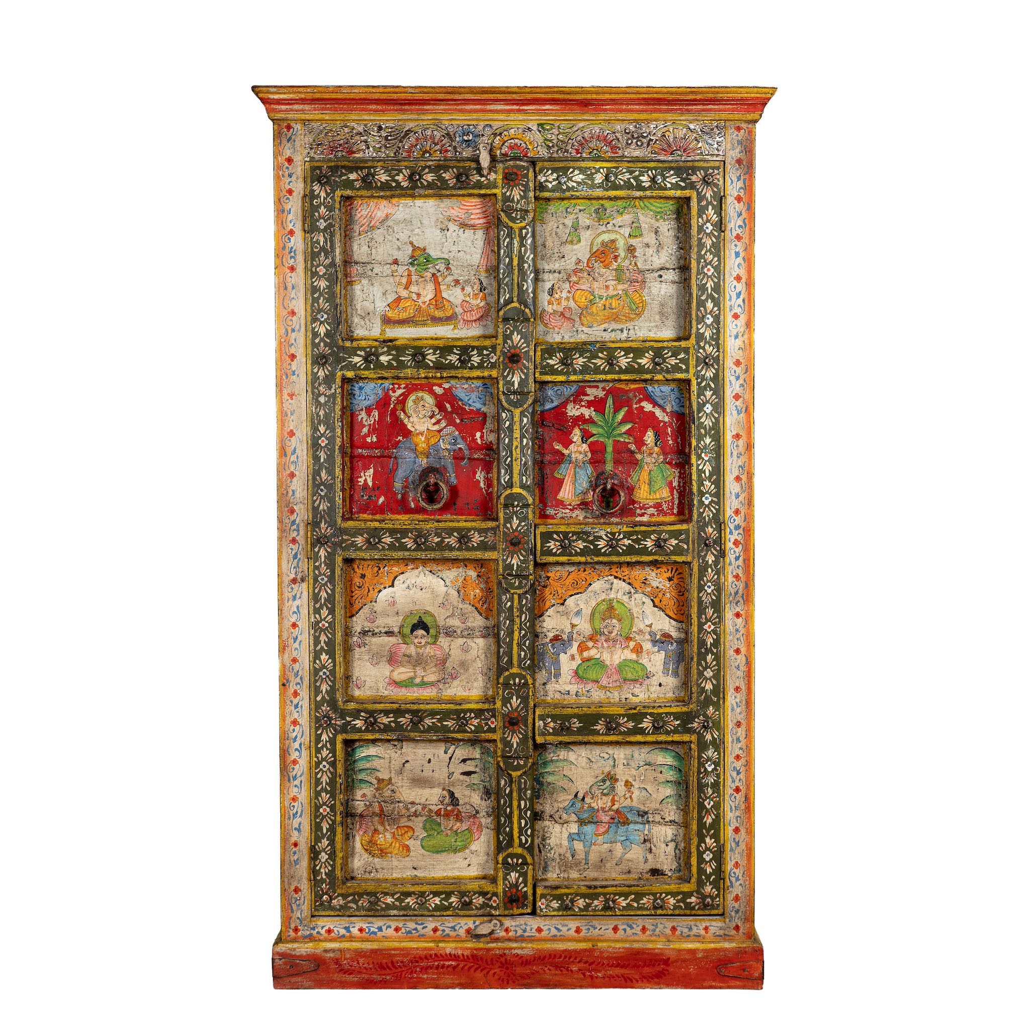 White background image of a hand painted teak wood cabinet with floral motifs, restored Indian furniture online; unique storage piece, 100 × 44 × 185 cm.