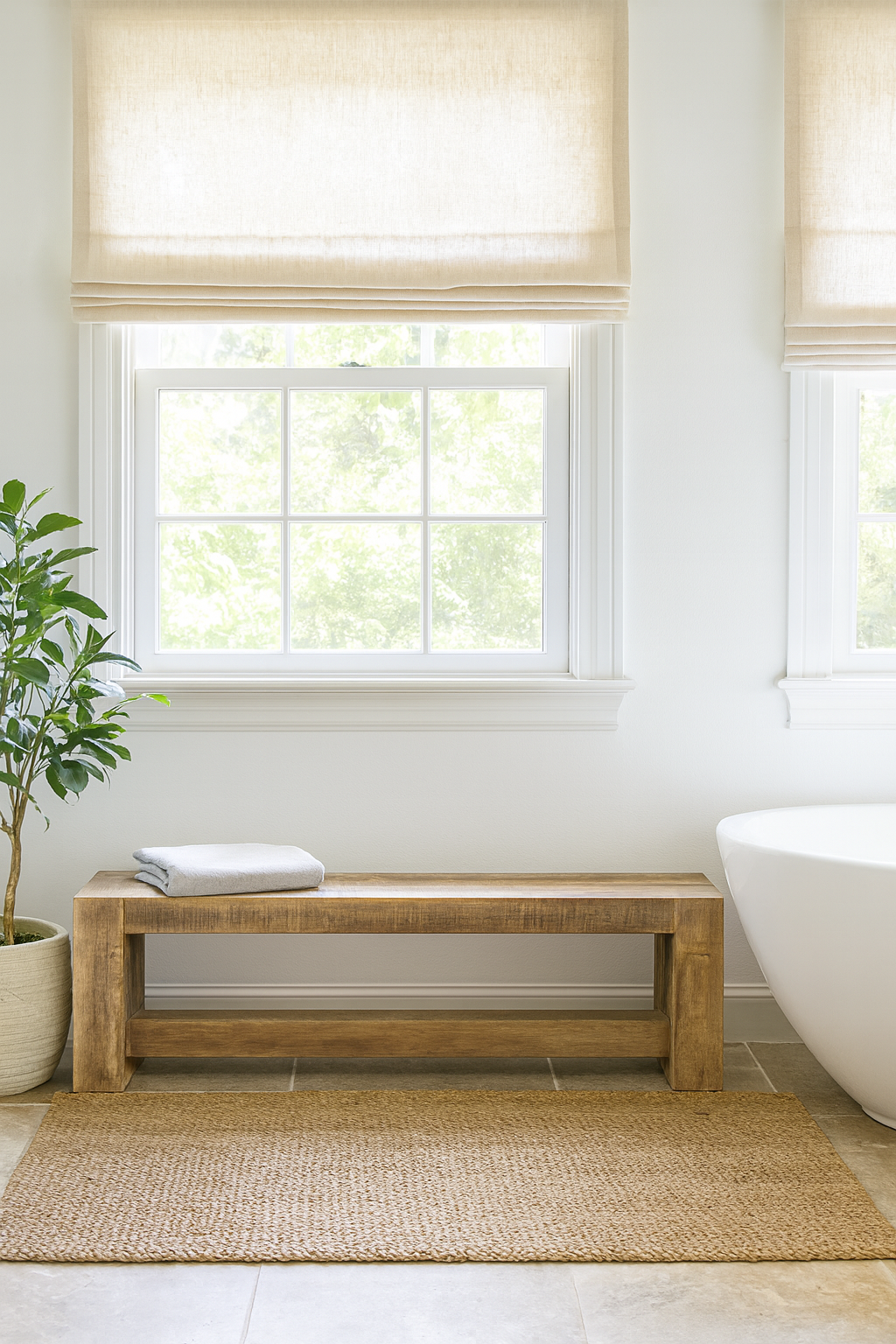 Lifestyle imagination of a reclaimed teak wood bench with rustic finish and minimalist frame; sustainable furniture, 160 × 30 × 50 cm.