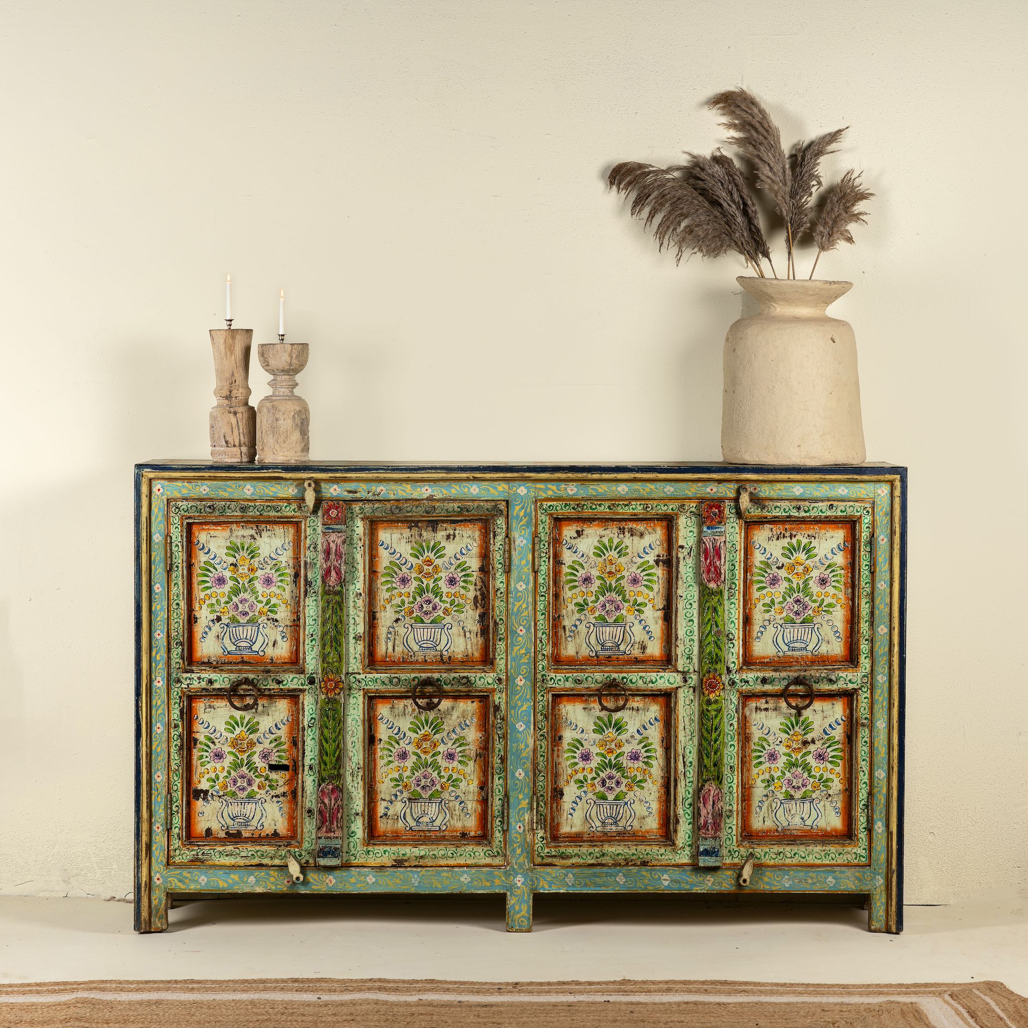 Hand painted furniture sideboard Vintage, recycled teak wood with floral motifs, unique wooden furniture in vintage home decor style, 170 × 40 × 104 cm.