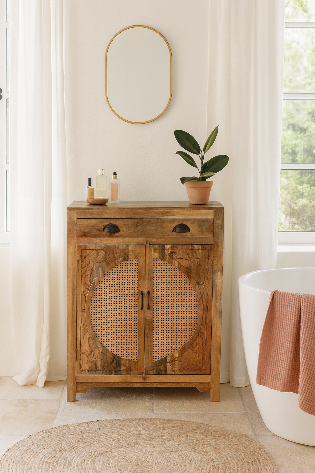 Lifestyle imagination of a mango wood cupboard with rattan door panels and hand‑carved Indian ornamentation, 80 × 40 × 104 cm.
